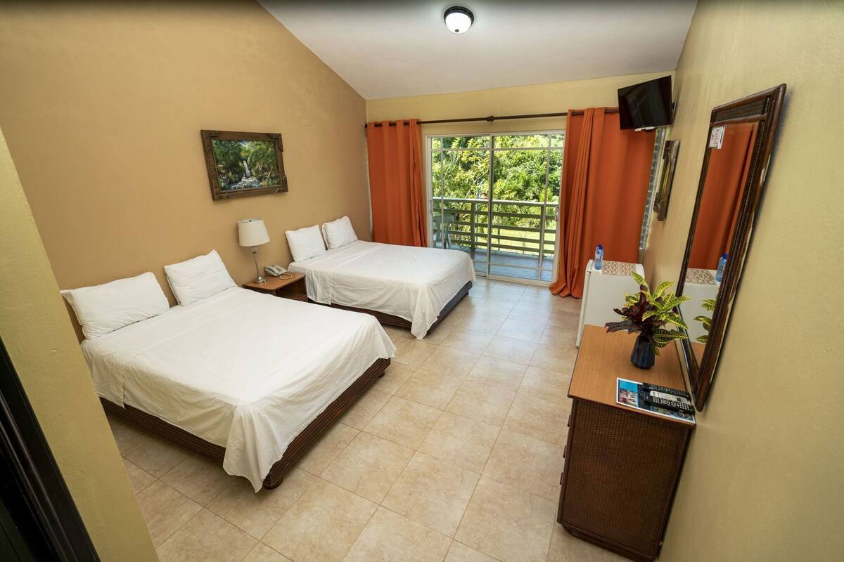 A hotel room with two beds, a desk with a mirror, a small table with a plant, and a window with curtains.