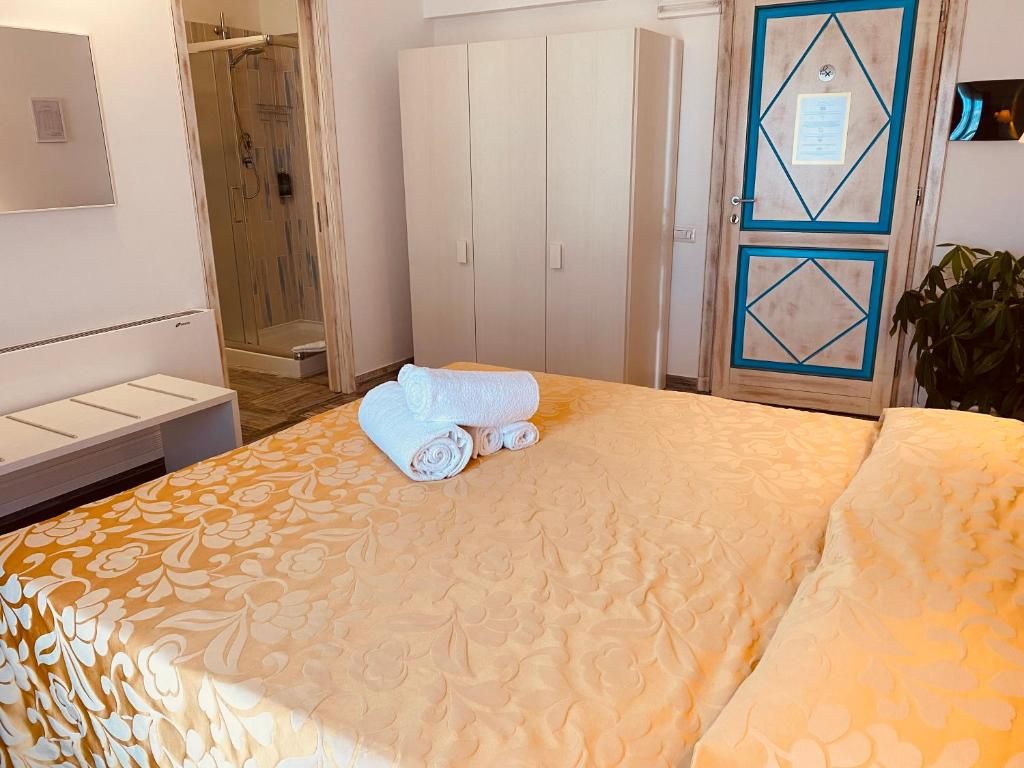 A hotel room with a bed, a wardrobe, a shower area, and a door with a sign.