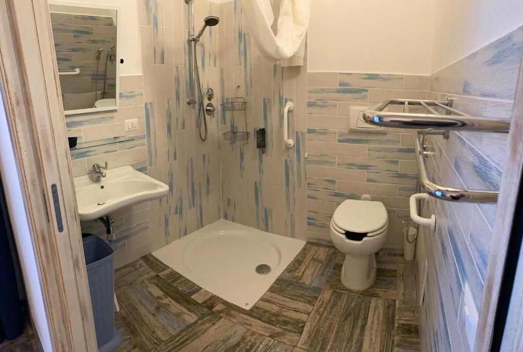 Baño con ducha, lavabo, inodoro y barra de apoyo.