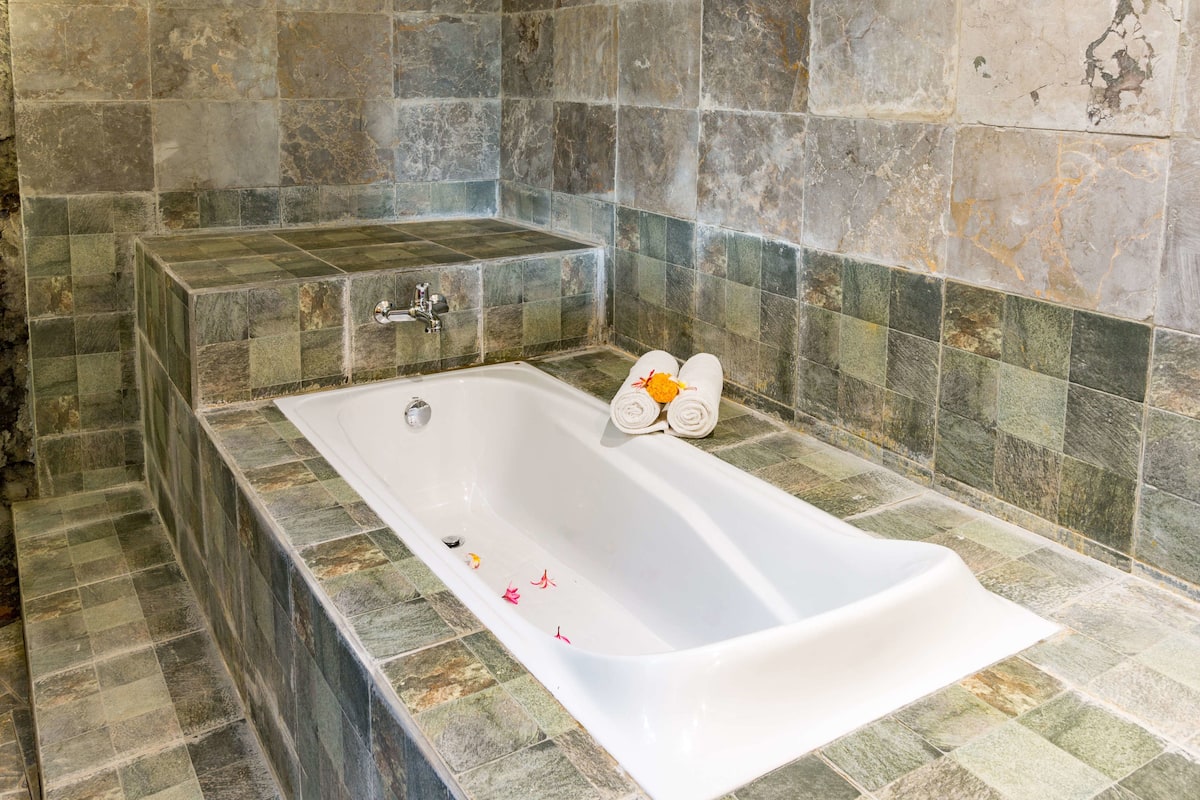 riverside suite  | bathroom | shower, rainfall showerhead, hair dryer, soap