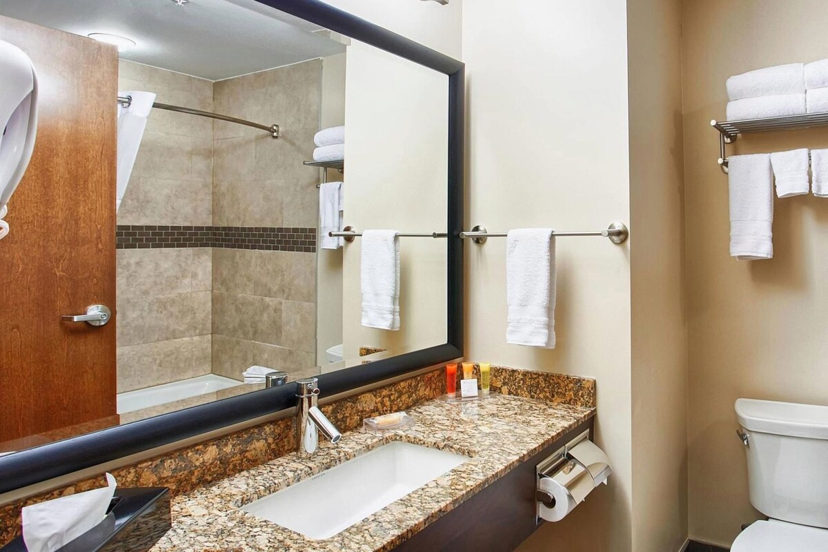 Une salle de bain avec un lavabo en marbre, un grand miroir, un porte-serviettes et des toilettes.