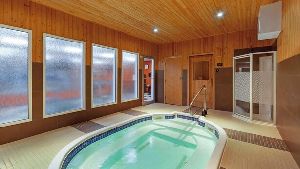 Habitación con paneles de madera, bañera de hidromasaje, ventanas con cristal satinado y zona de ducha.