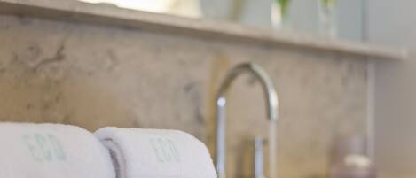 Une salle de bain avec un lavabo, une serviette et une plante en arrière-plan.