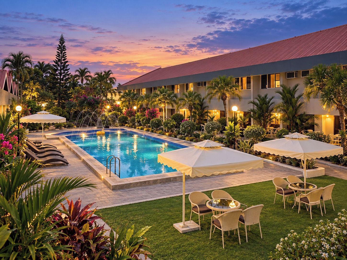 A swimming pool with lounge chairs and umbrellas, surrounded by greenery and a building with a red roof.