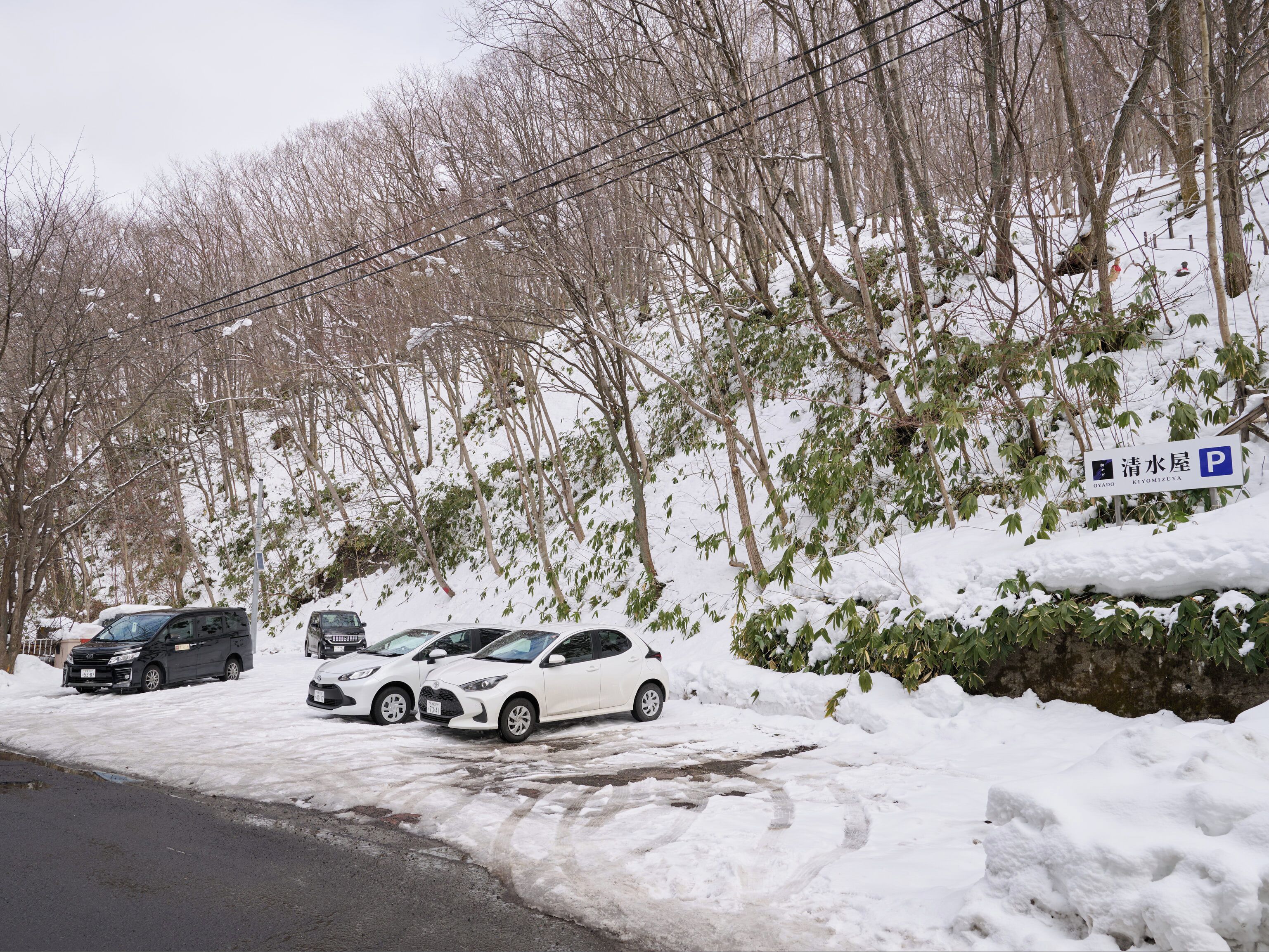 A parking area with snow-covered ground and trees.