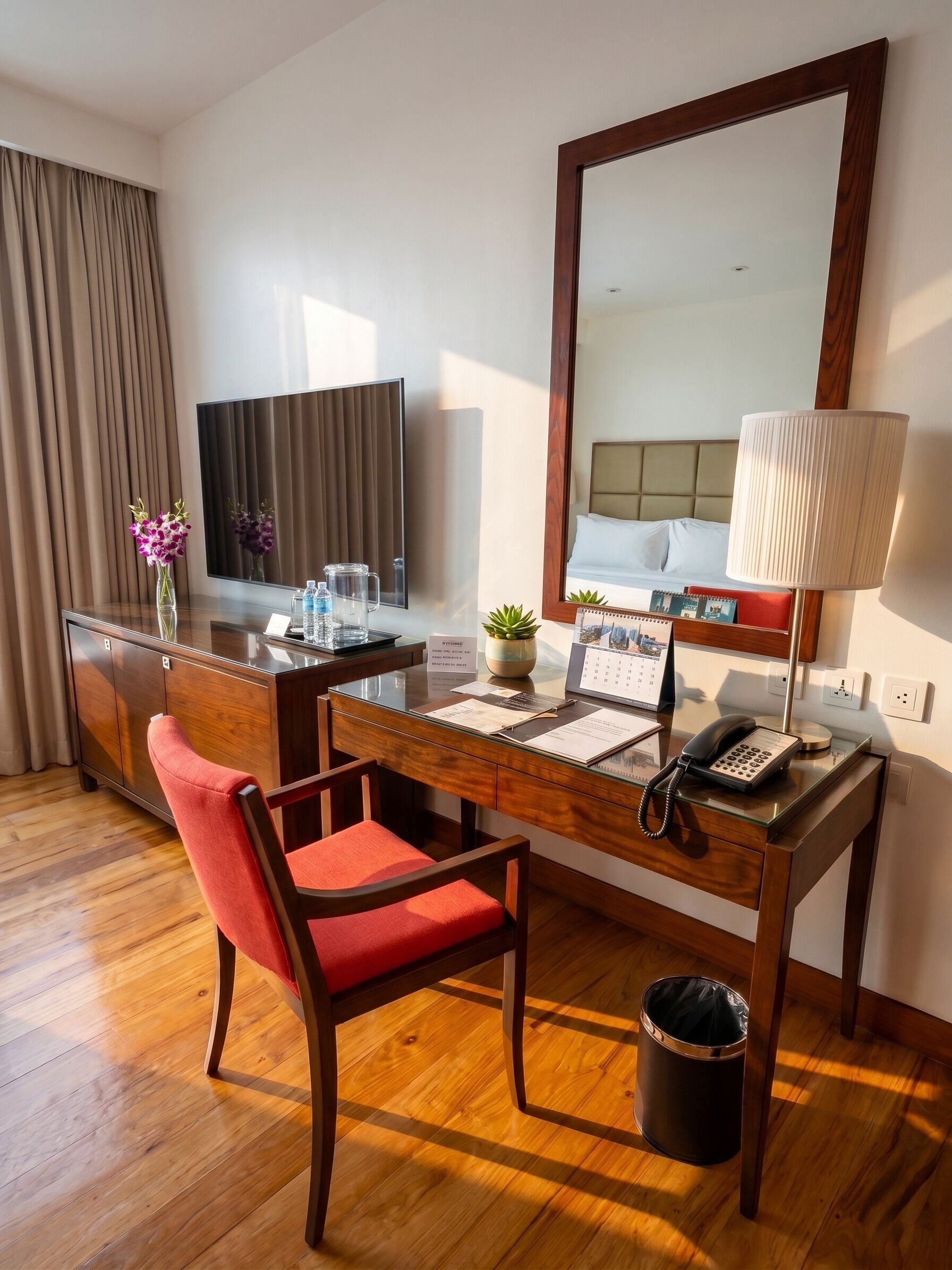 Habitación de hotel con un escritorio de madera, una silla roja, un teléfono, una lámpara, un espejo, un televisor y una planta pequeña.
