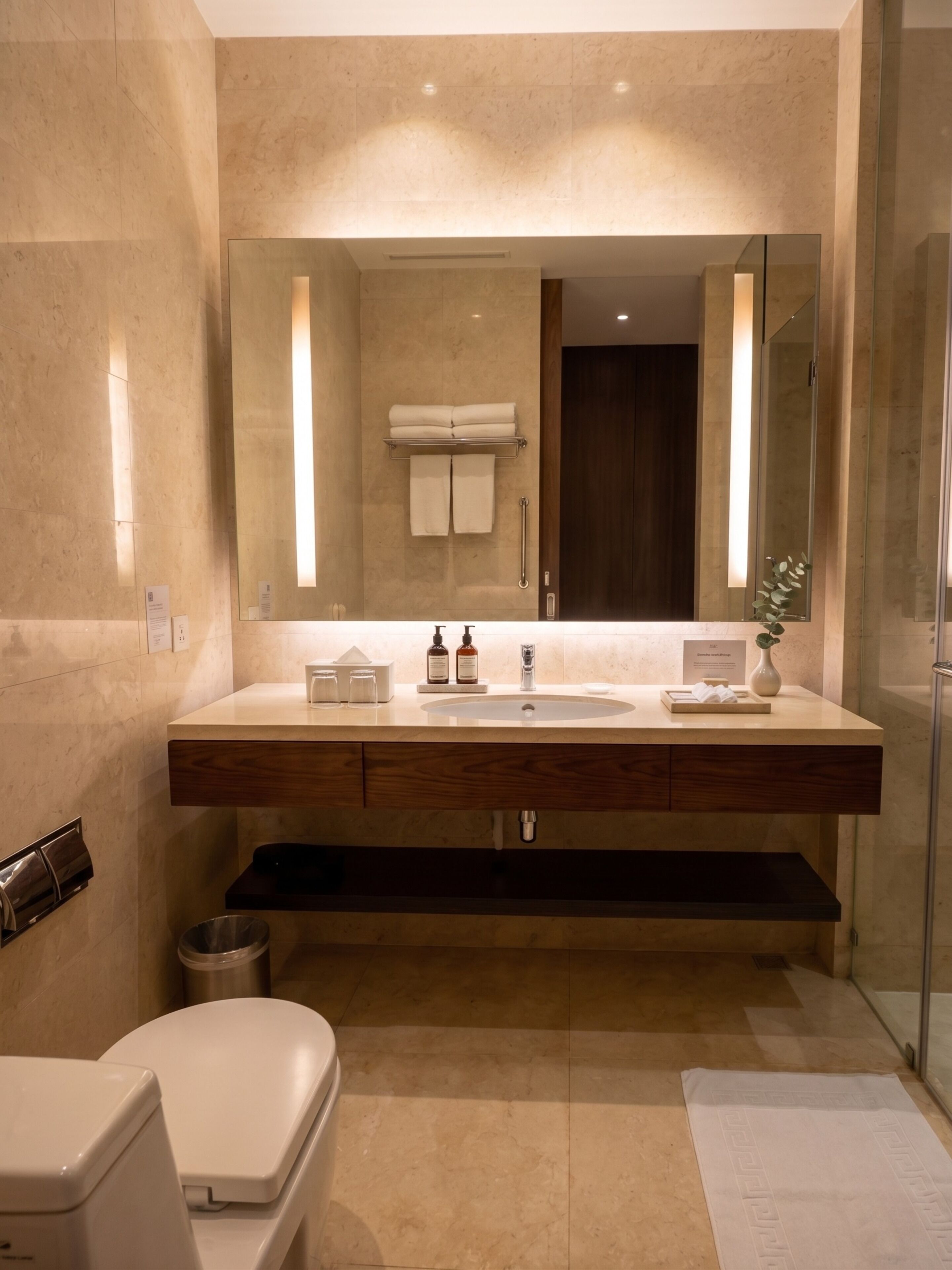 A modern bathroom with a large mirror, a sink, and a toilet.