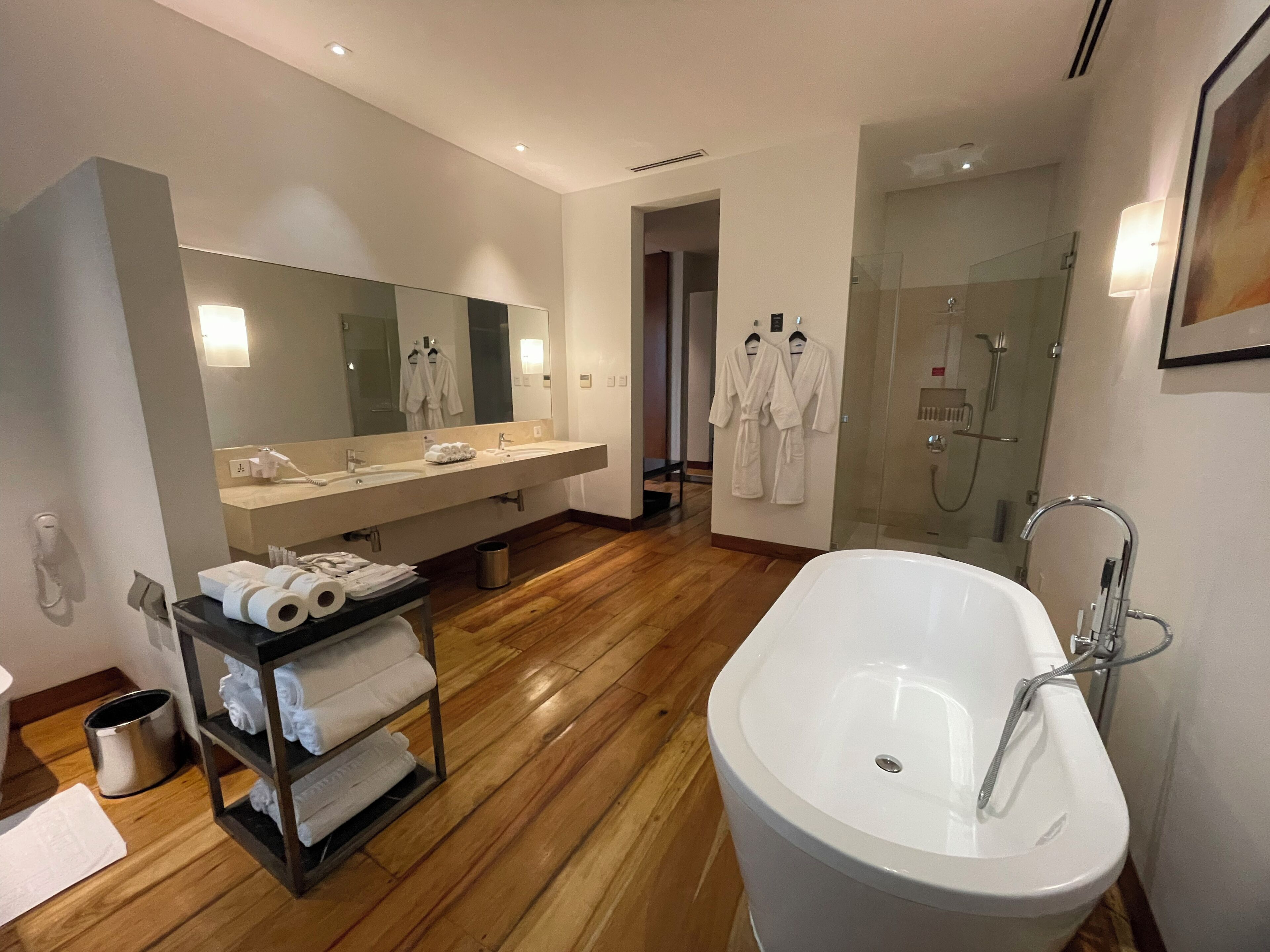 A modern bathroom with a large bathtub, a vanity with a mirror, and a shower area.