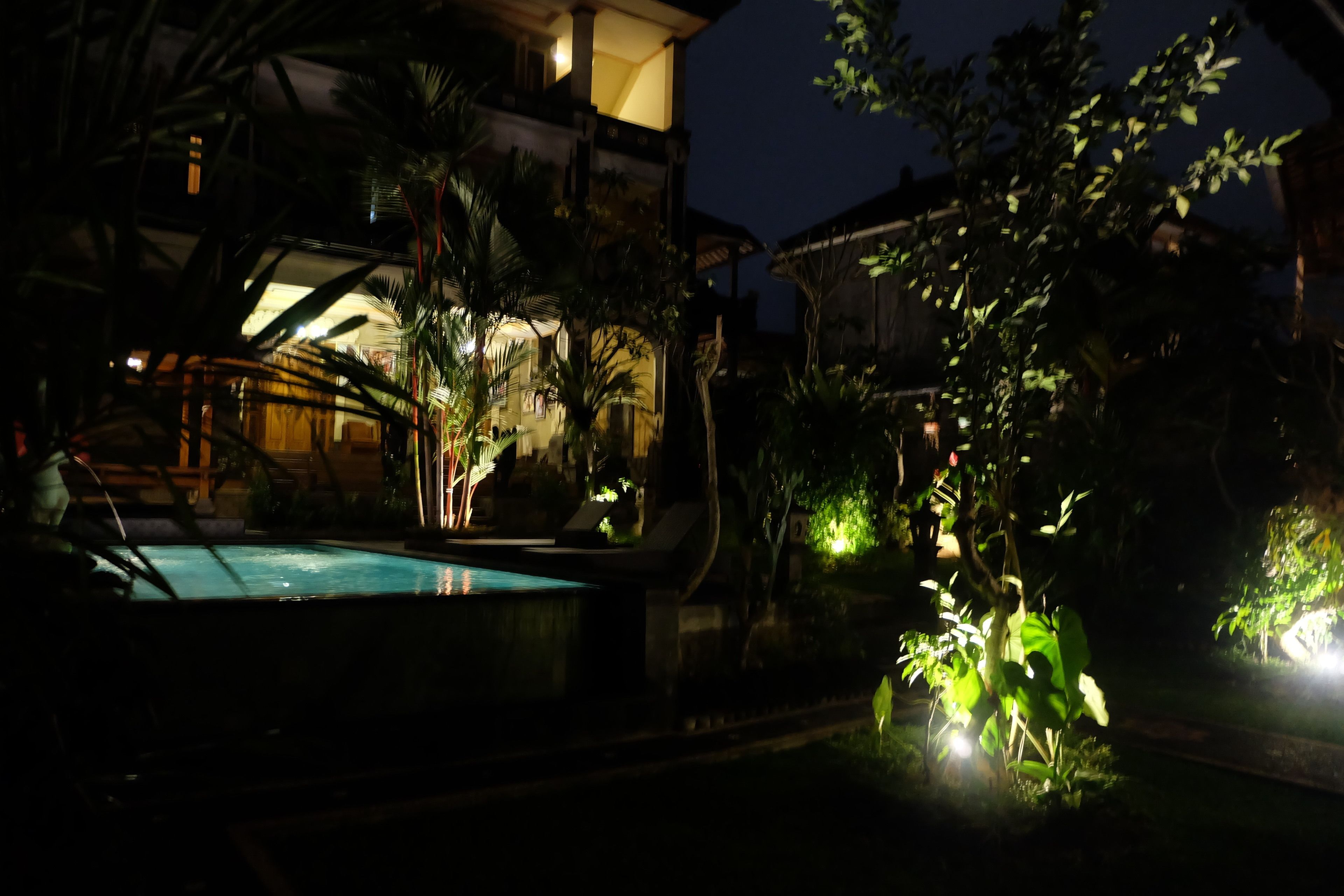Vue nocturne d’un hôtel doté d’une piscine, entouré de palmiers et de verdure.