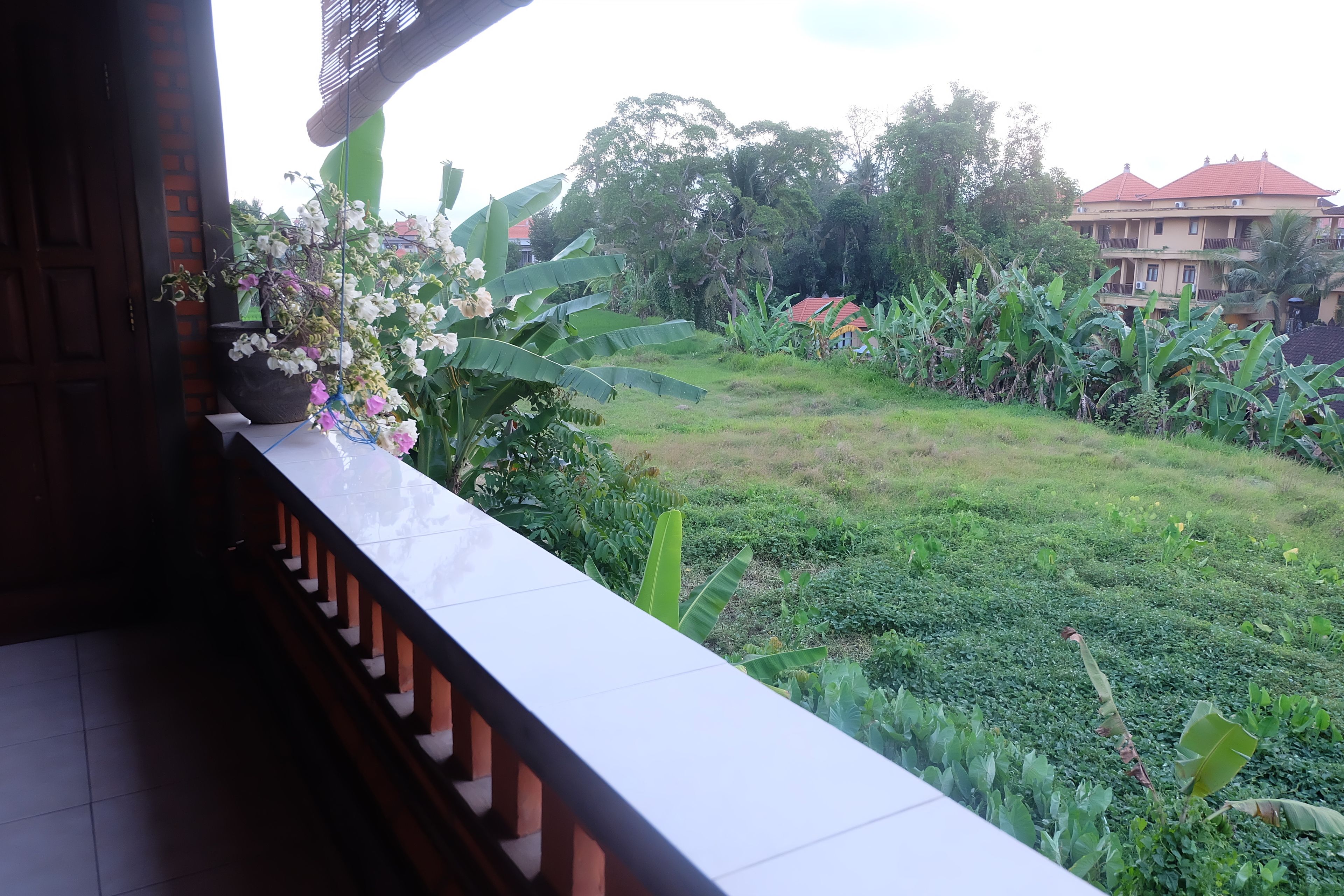A balcony with a view of a lush garden, a building with a red roof, and a large tree in the background.