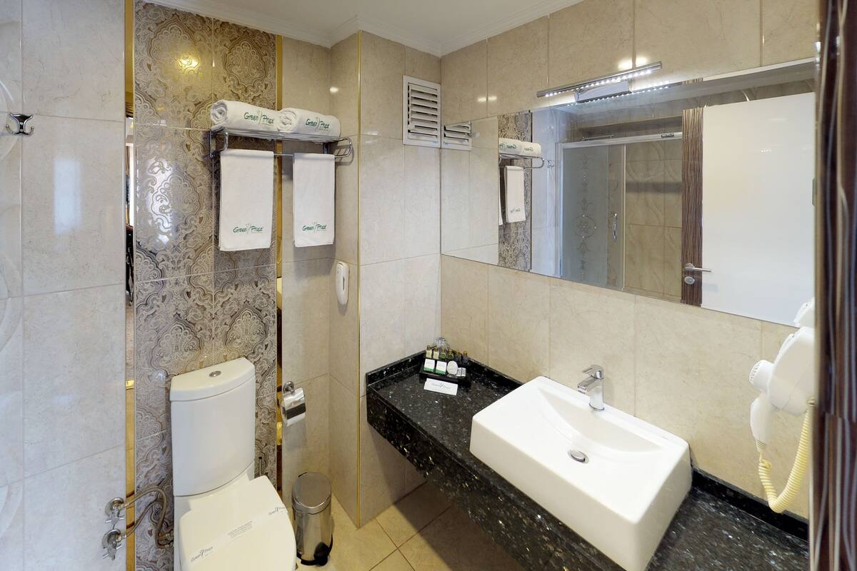 A modern bathroom with a marble vanity, a large mirror, a toilet, and a shower area.