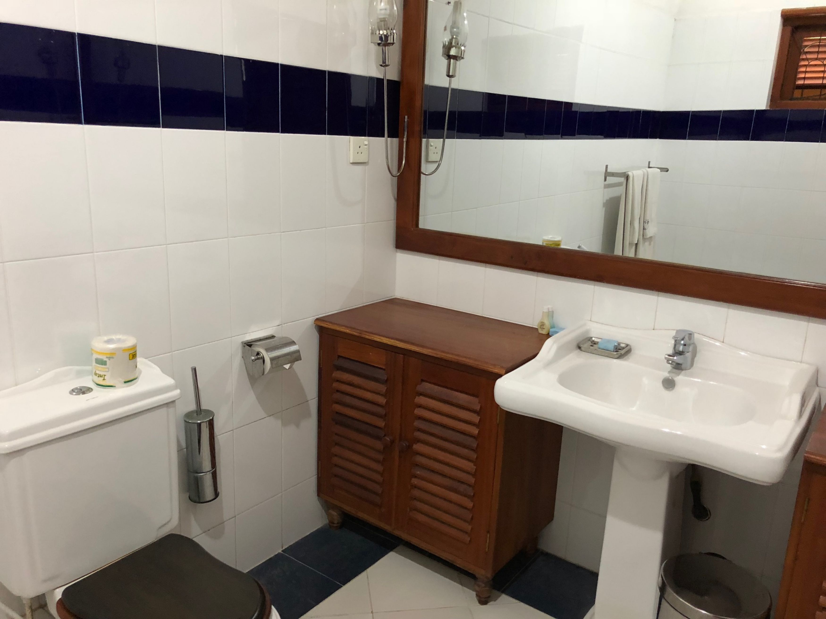 A bathroom with a toilet, a wooden cabinet, a sink, and a mirror.