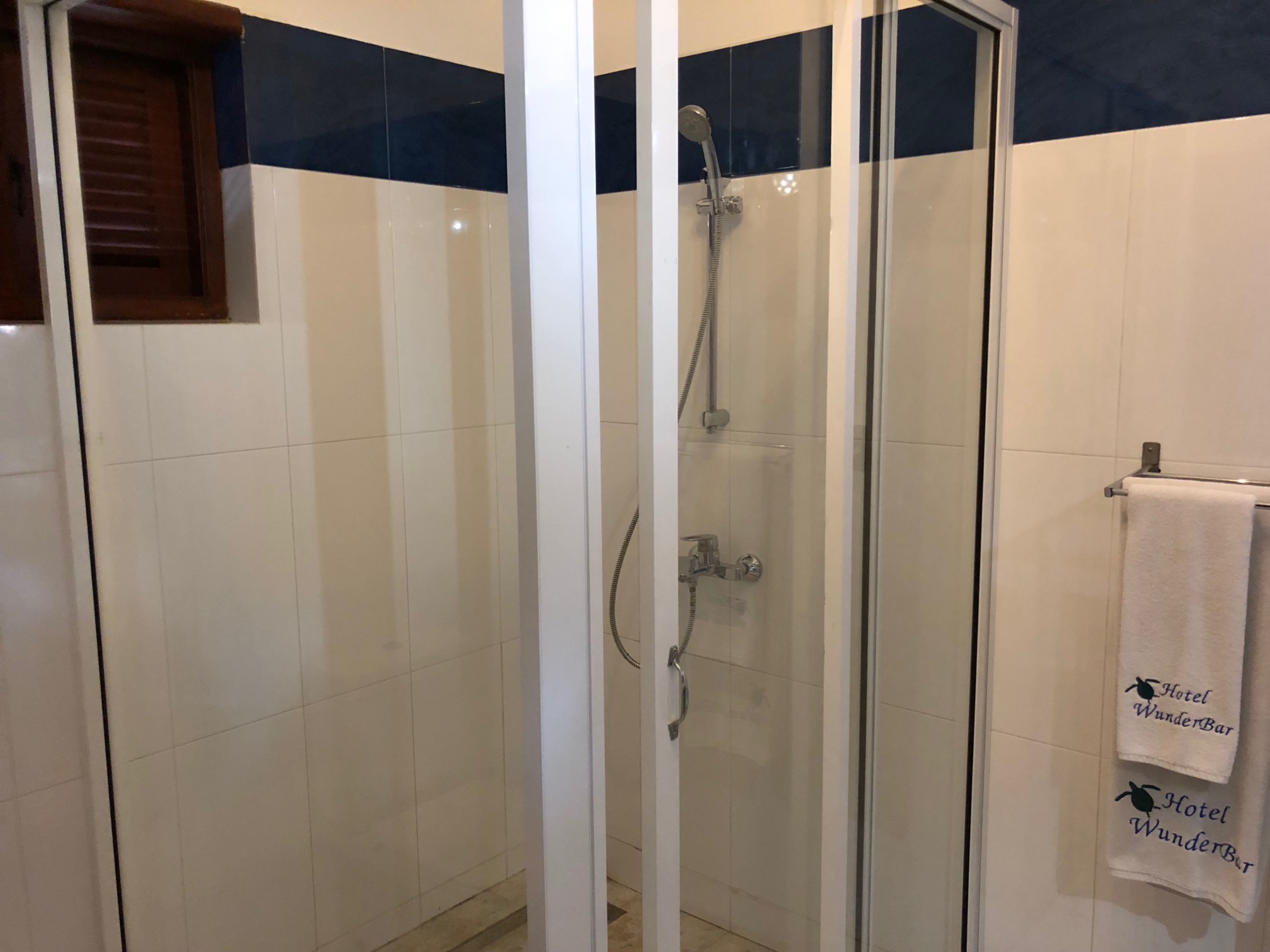 A glass-enclosed shower with a handheld showerhead and a wall-mounted faucet.