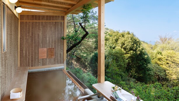 Un onsen japonés tradicional con interiores de madera, un baño de aguas termales y vistas a exuberante vegetación.