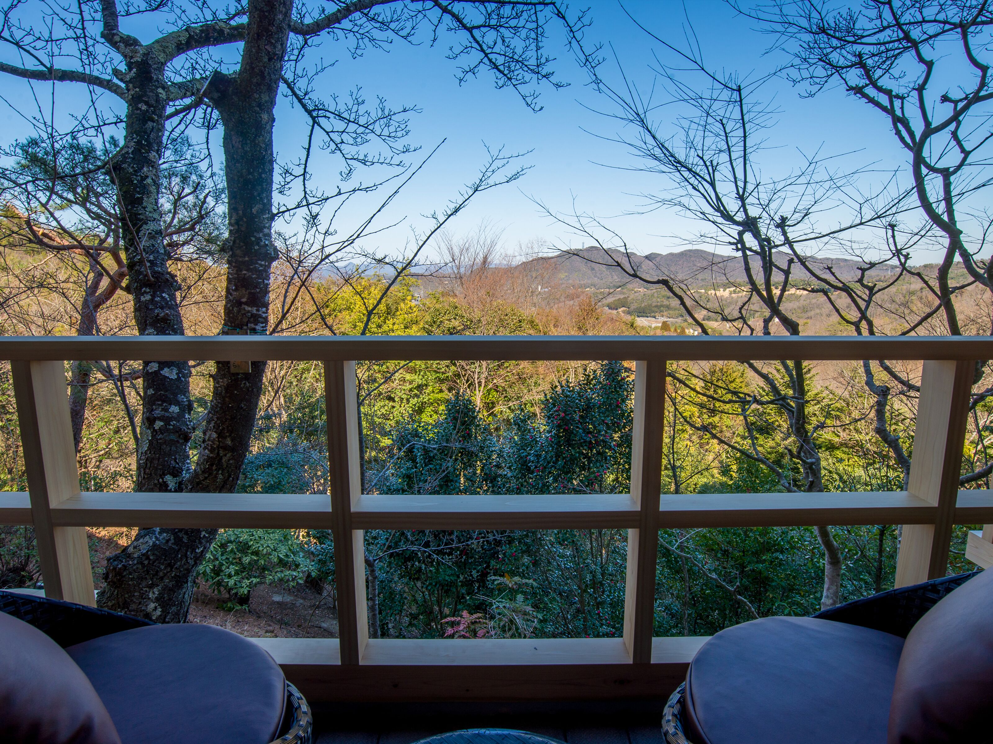 A room with a view of a forest and mountains.