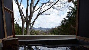 Un manantial termal con vistas a árboles y montañas.