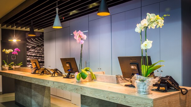 A reception desk with a wooden top, multiple pendant lights, and potted orchids. - ibis Porto Alegre Assis Brasil (Porto Alegre)