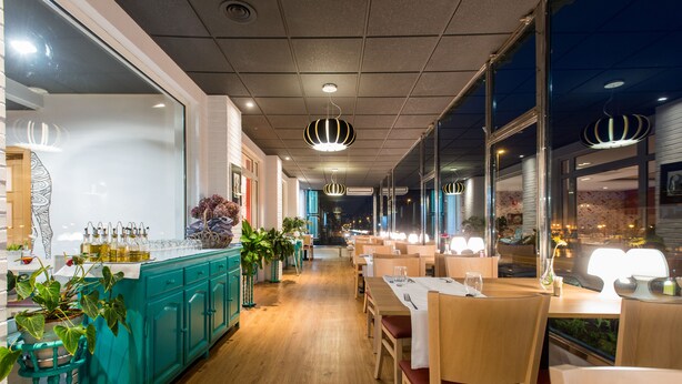 Un restaurant doté d’un long comptoir, de tables et de chaises en bois. On y trouve également des plantes en pot et un bar avec des bouteilles exposées.