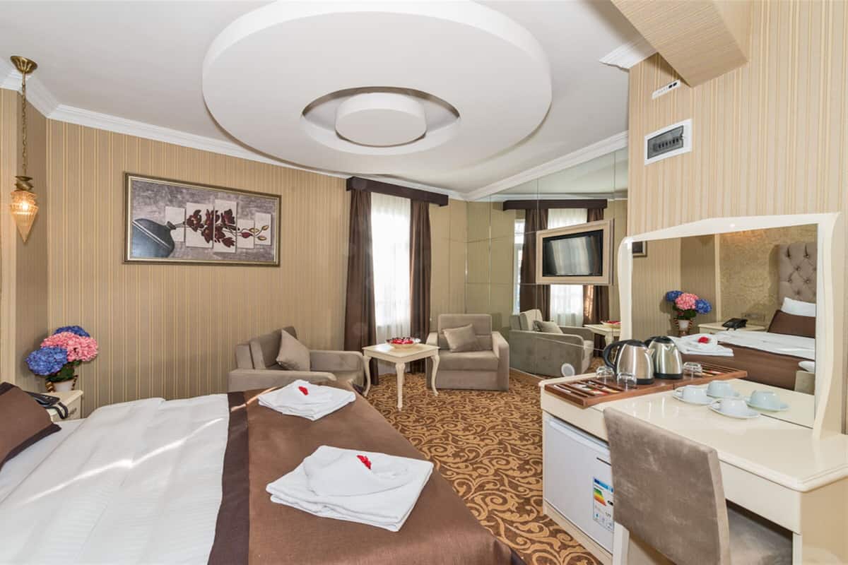Habitación de hotel con cama, escritorio, sillón, sofá, televisor y un cuadro en la pared.