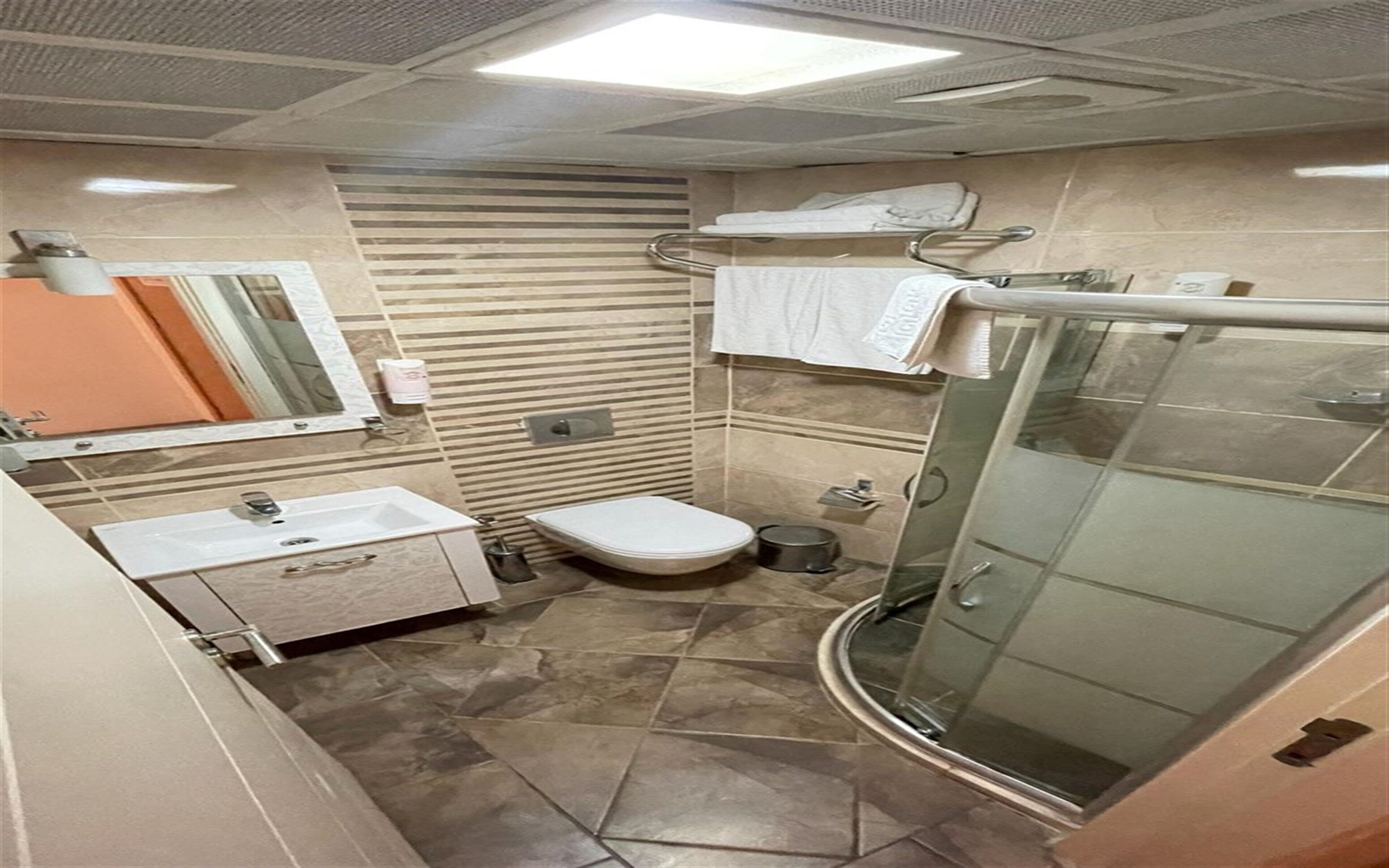 A modern bathroom with a glass-enclosed shower, a toilet, a sink, and a mirror.