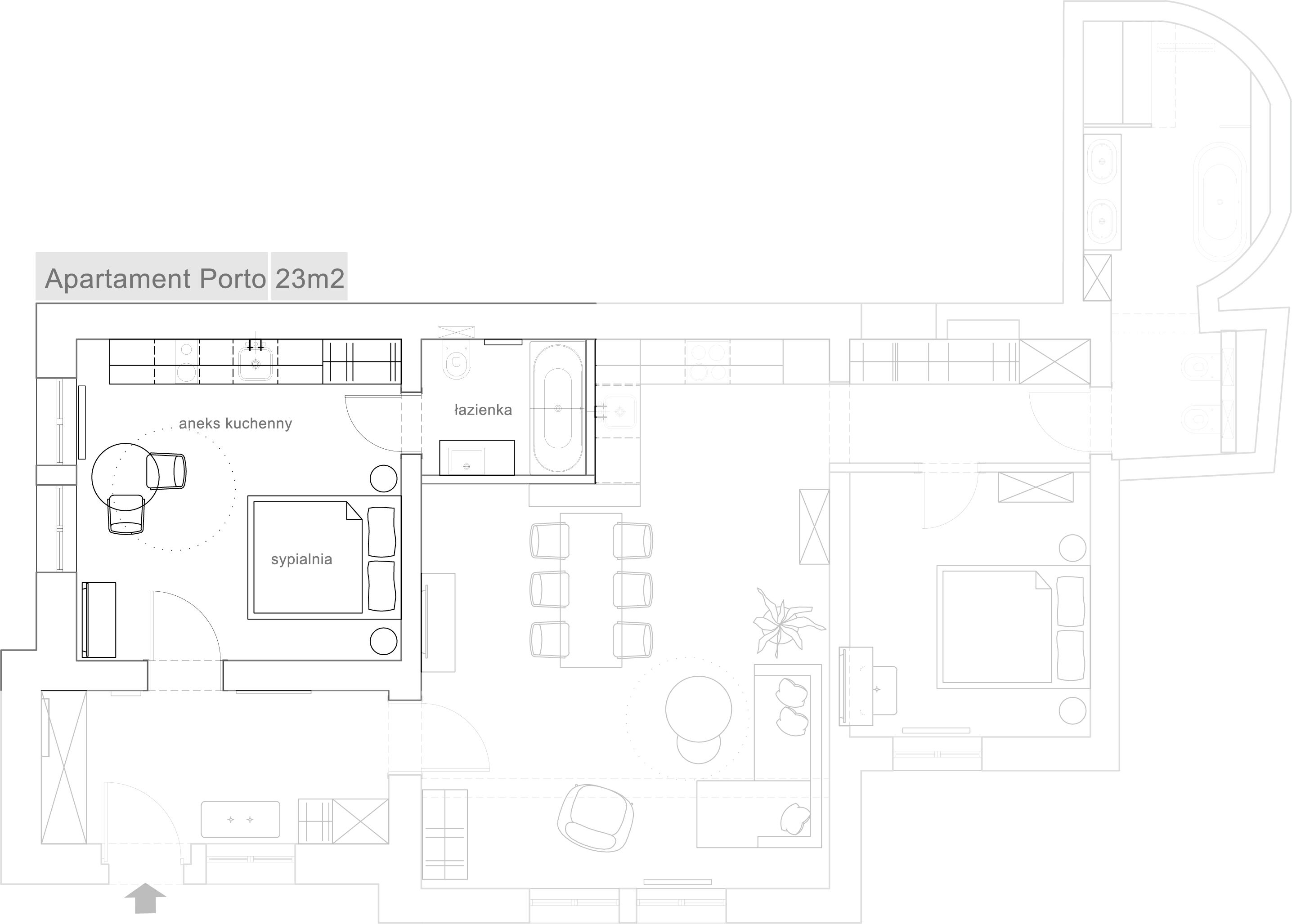 Plano de un apartamento de 23 metros cuadrados, con cocina, sala de estar, comedor y un baño pequeño.