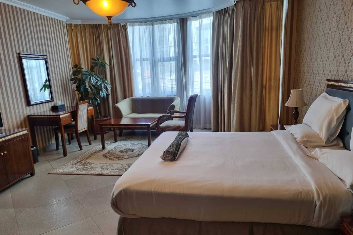 Quarto de hotel com uma cama grande, uma escrivaninha, uma cadeira, um vaso de plantas e uma janela com cortinas.