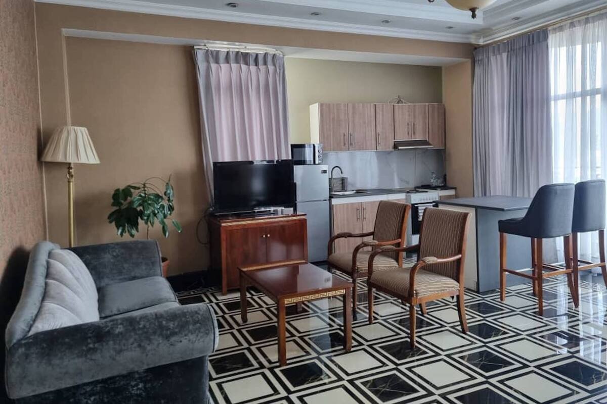 Espaço compacto com sofá, mesa de jantar, cadeiras, televisão, área de cozinha e uma planta.