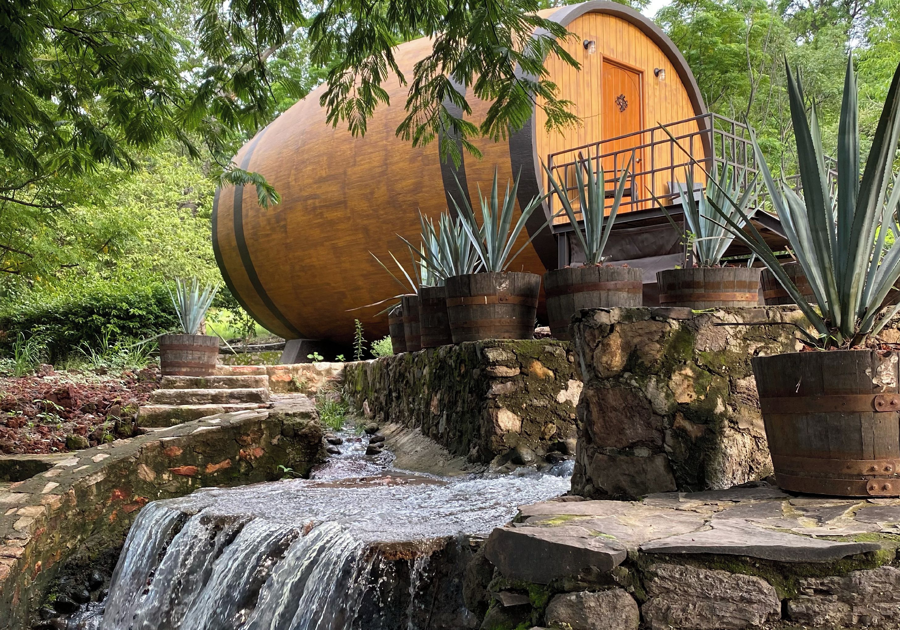 Una estructura rústica de barril de madera con puerta de madera, rodeada de plantas en macetas y una pequeña cascada.