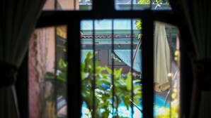 Vista a través de una ventana con un diseño de cuadrícula, mostrando un edificio con techo verde y pared blanca.