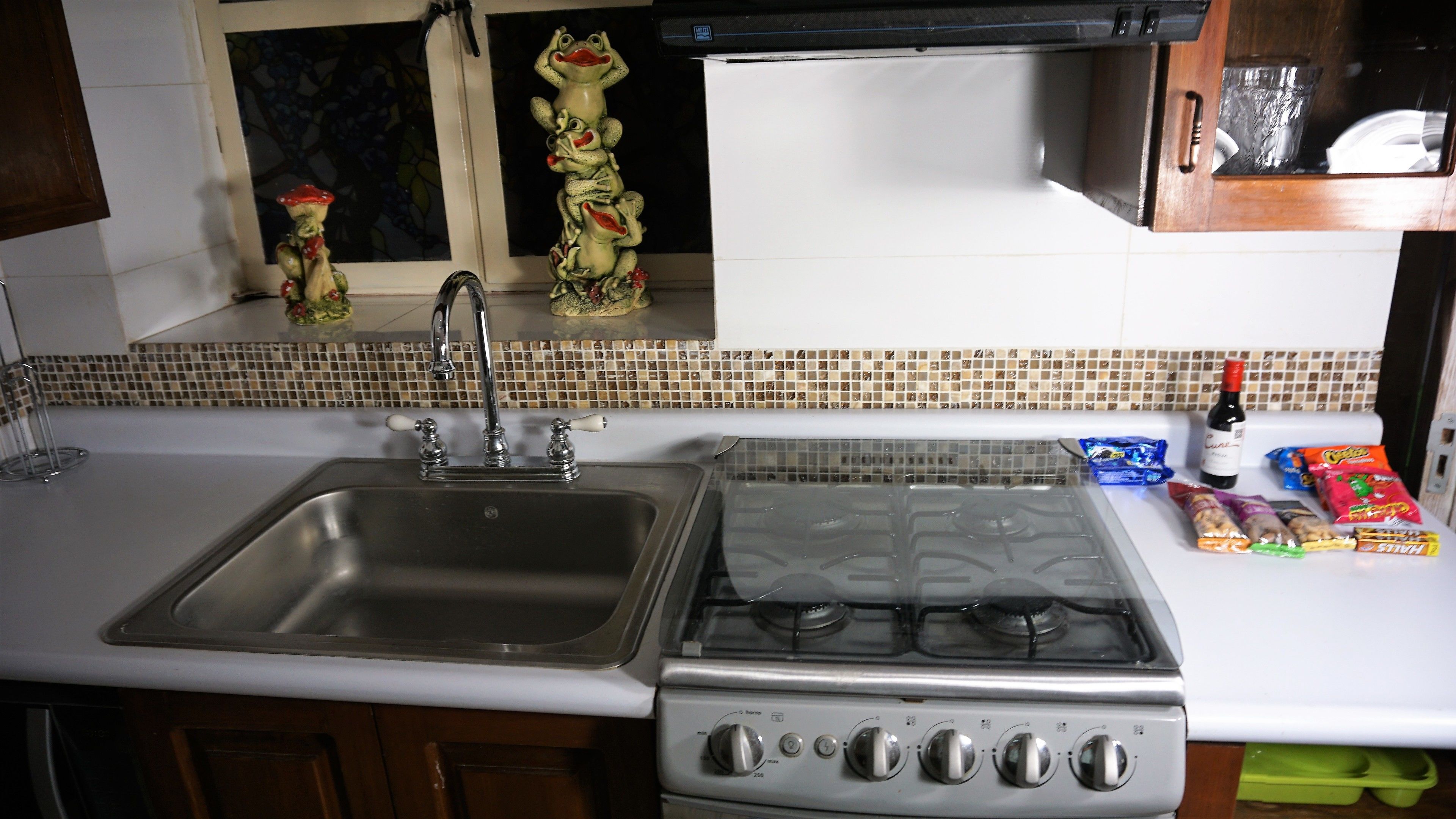 A kitchen with a stainless steel sink, a gas stove, and various snacks.