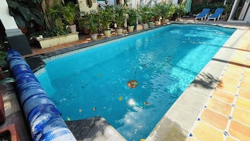 Piscina externa, funciona das 8h às 20h, espreguiçadeiras