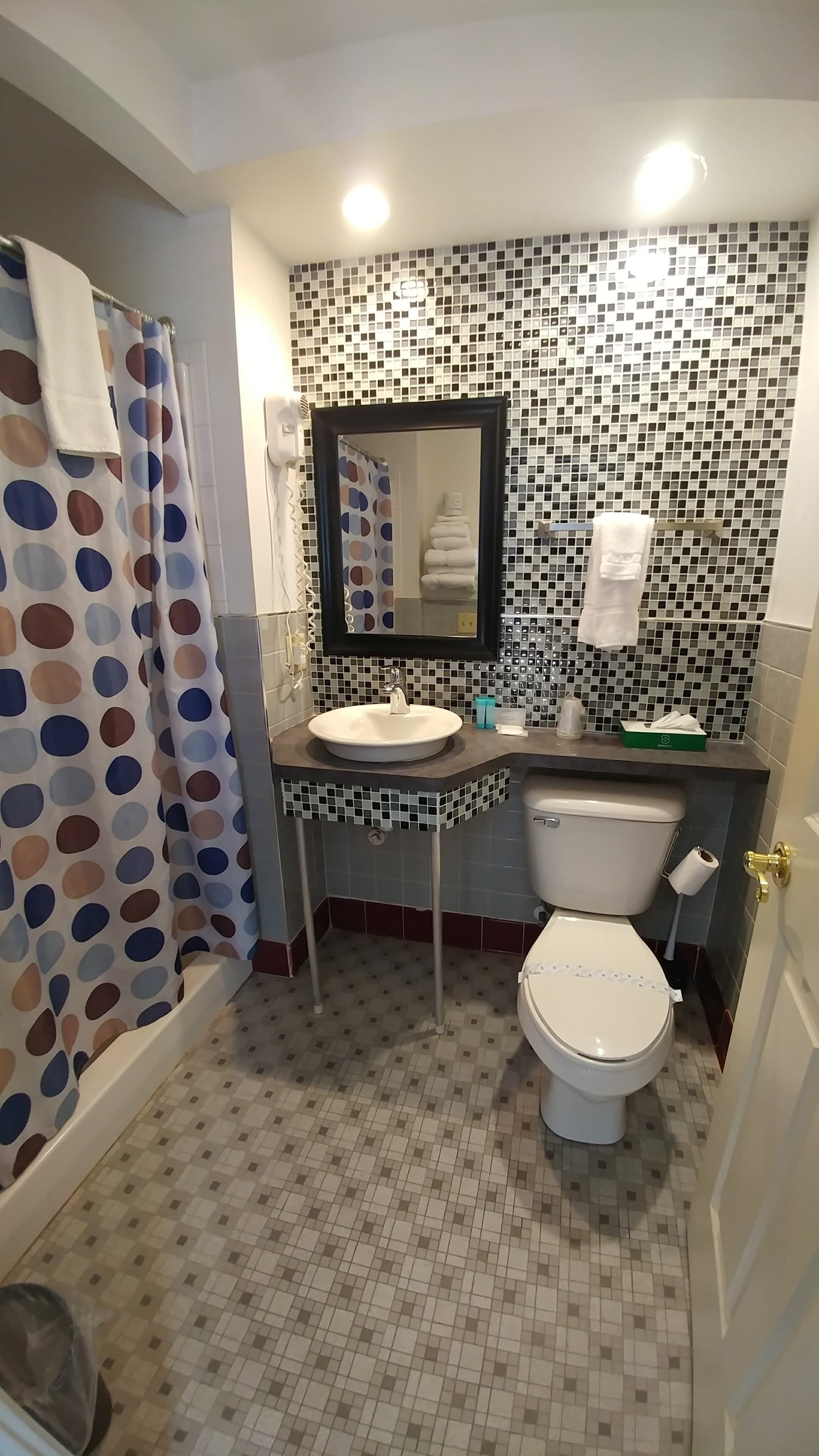 A bathroom with a white sink, a toilet, and a shower with a polka dot curtain. The walls are tiled with a mosaic pattern.