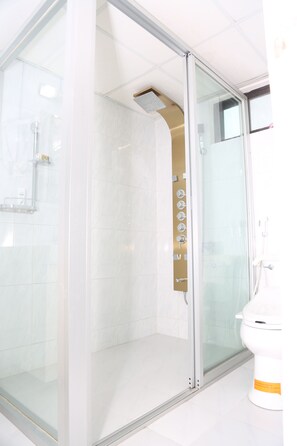 A modern bathroom with a glass shower enclosure, a toilet, and a sink.