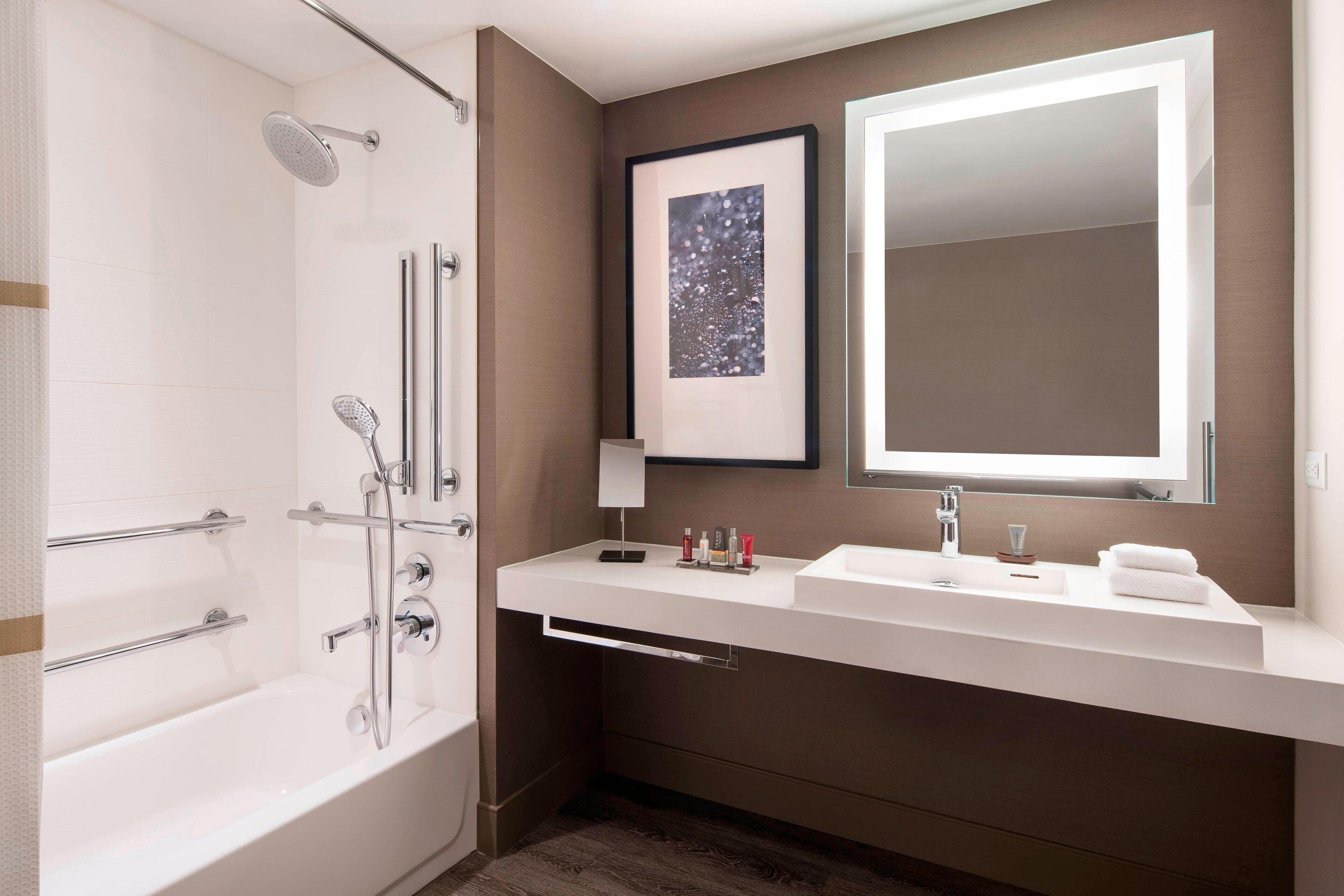 eco-friendly toiletries, hair dryer, slippers, towels