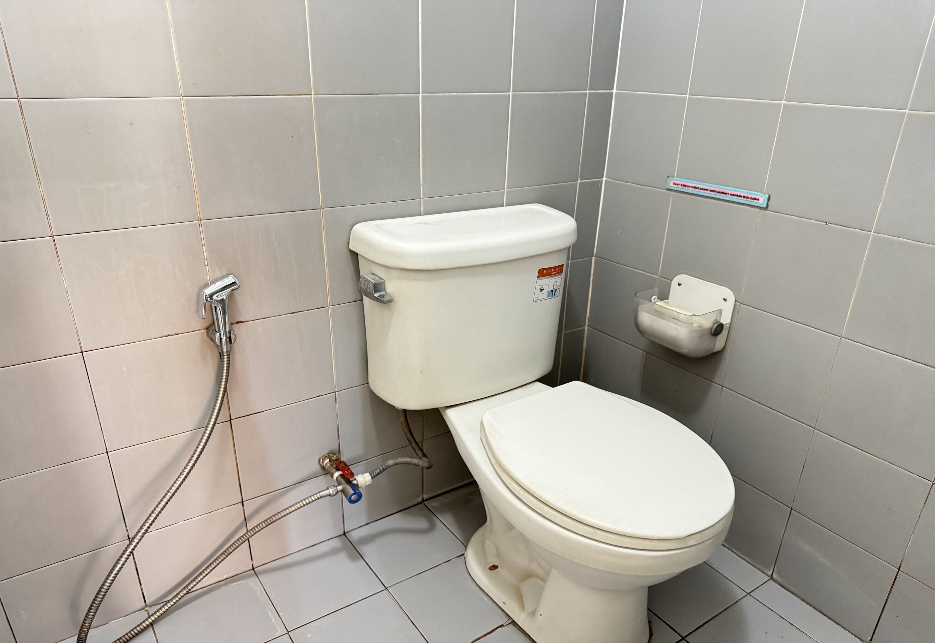 A standard bathroom with a toilet, a bidet, and a shower head.