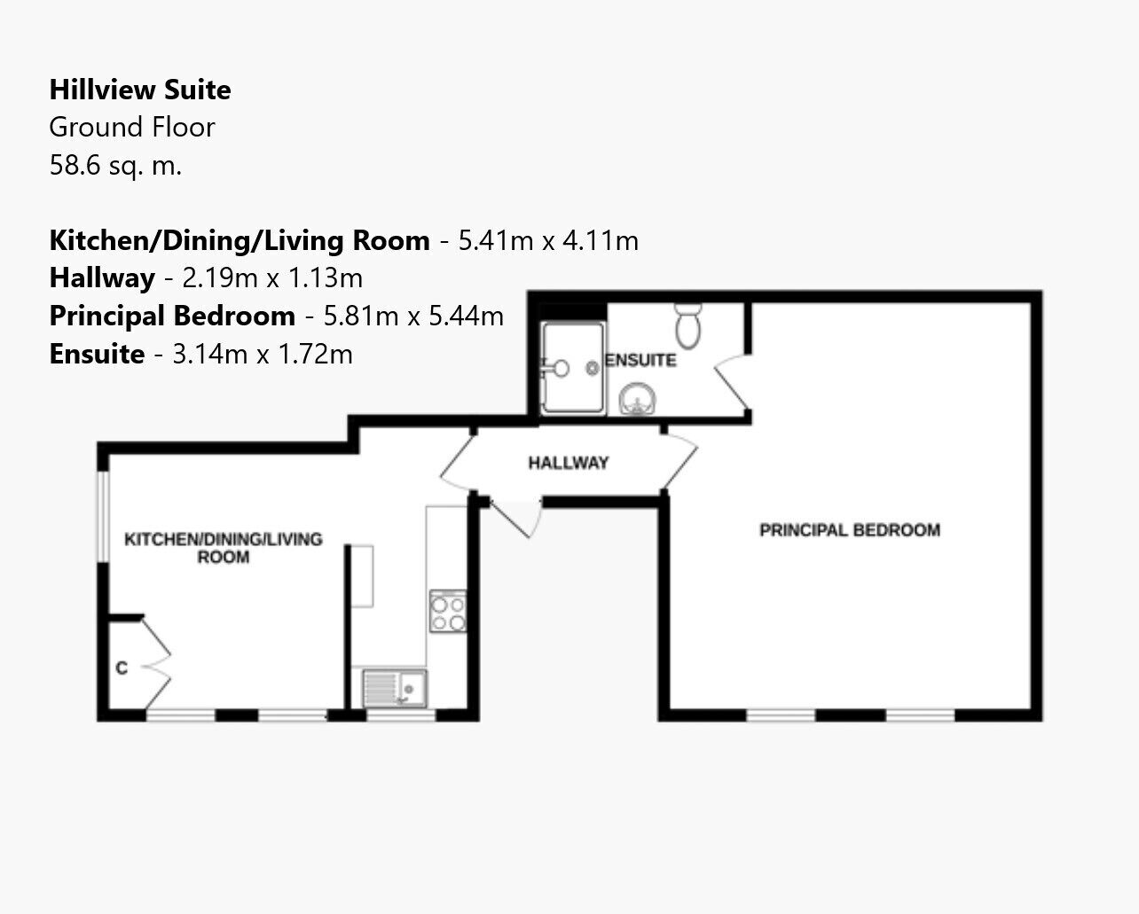 A floor plan of a hotel room with a hallway, a kitchen, a dining room, a living room, a principal bedroom, and an ensuite bathroom.