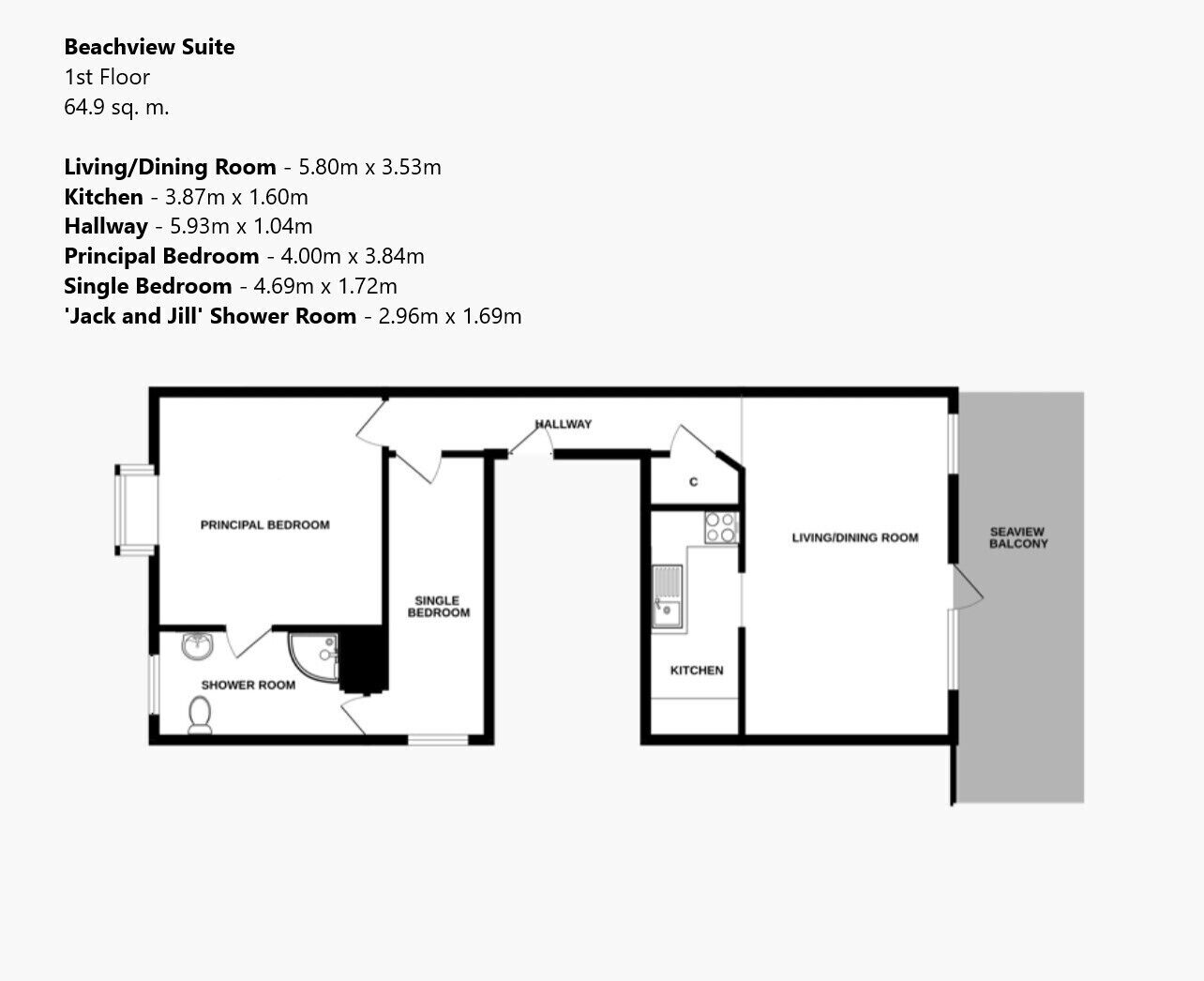 Un plan d’étage comprenant une chambre principale, une chambre individuelle, une salle de douche, un salon/salle à manger, une cuisine et un balcon avec vue sur la mer.