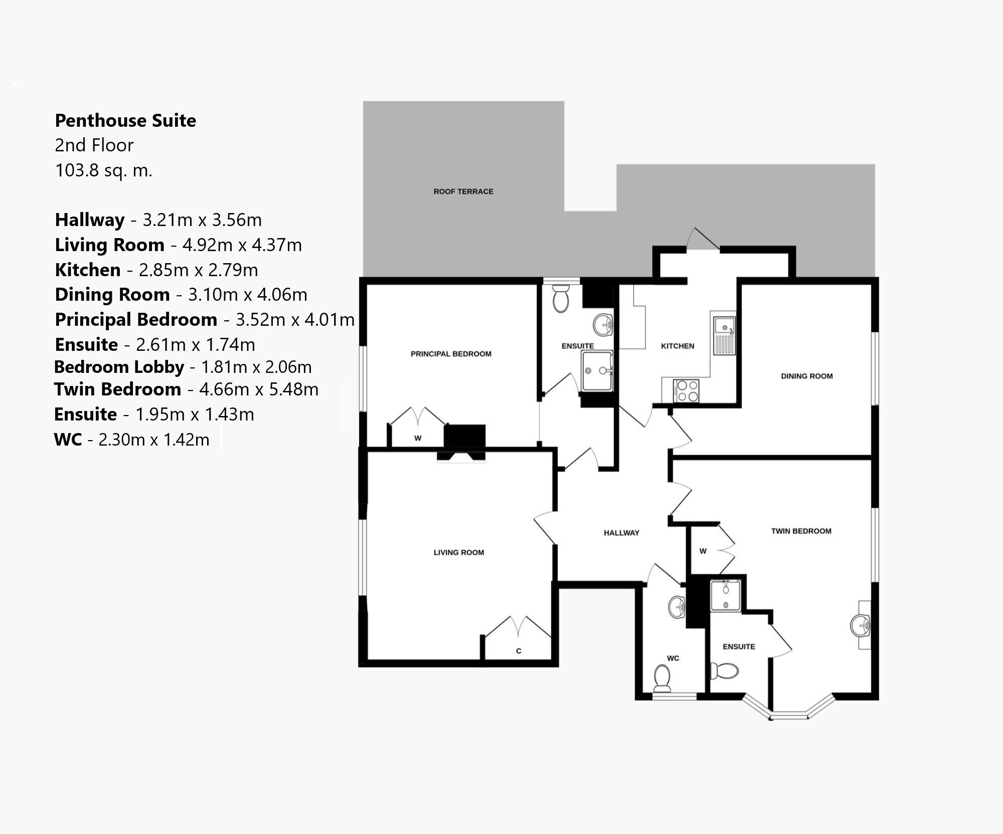 Plano de planta que muestra un dormitorio principal, sala de estar, habitación doble, comedor, cocina y baño en suite.