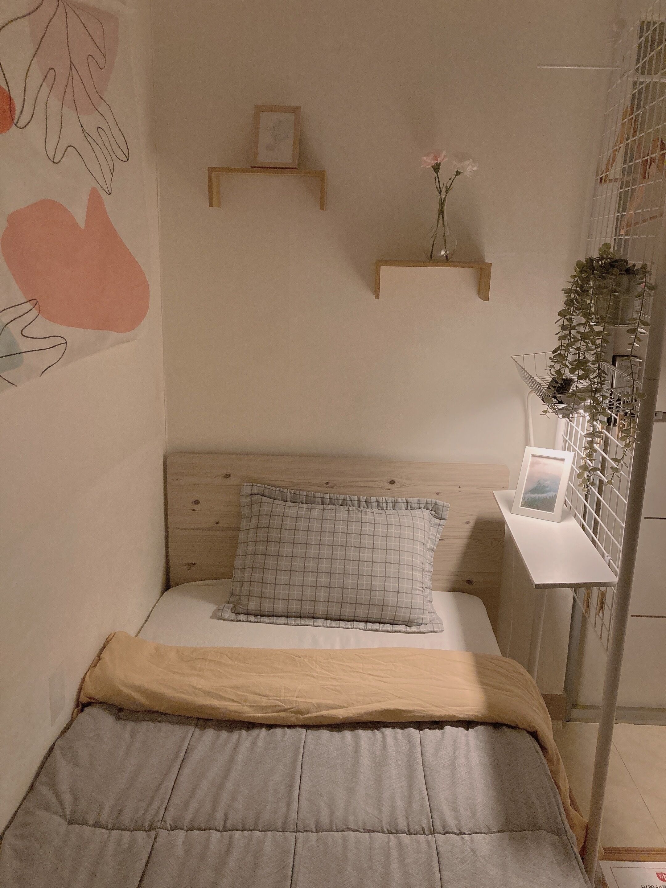 A bedroom with a bed, a pillow, a bedside table with a picture frame, and a wall-mounted shelf with a plant.