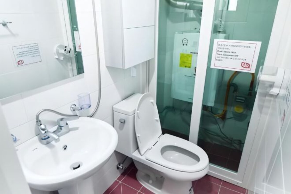 A modern bathroom with a white sink, toilet, and glass shower enclosure.