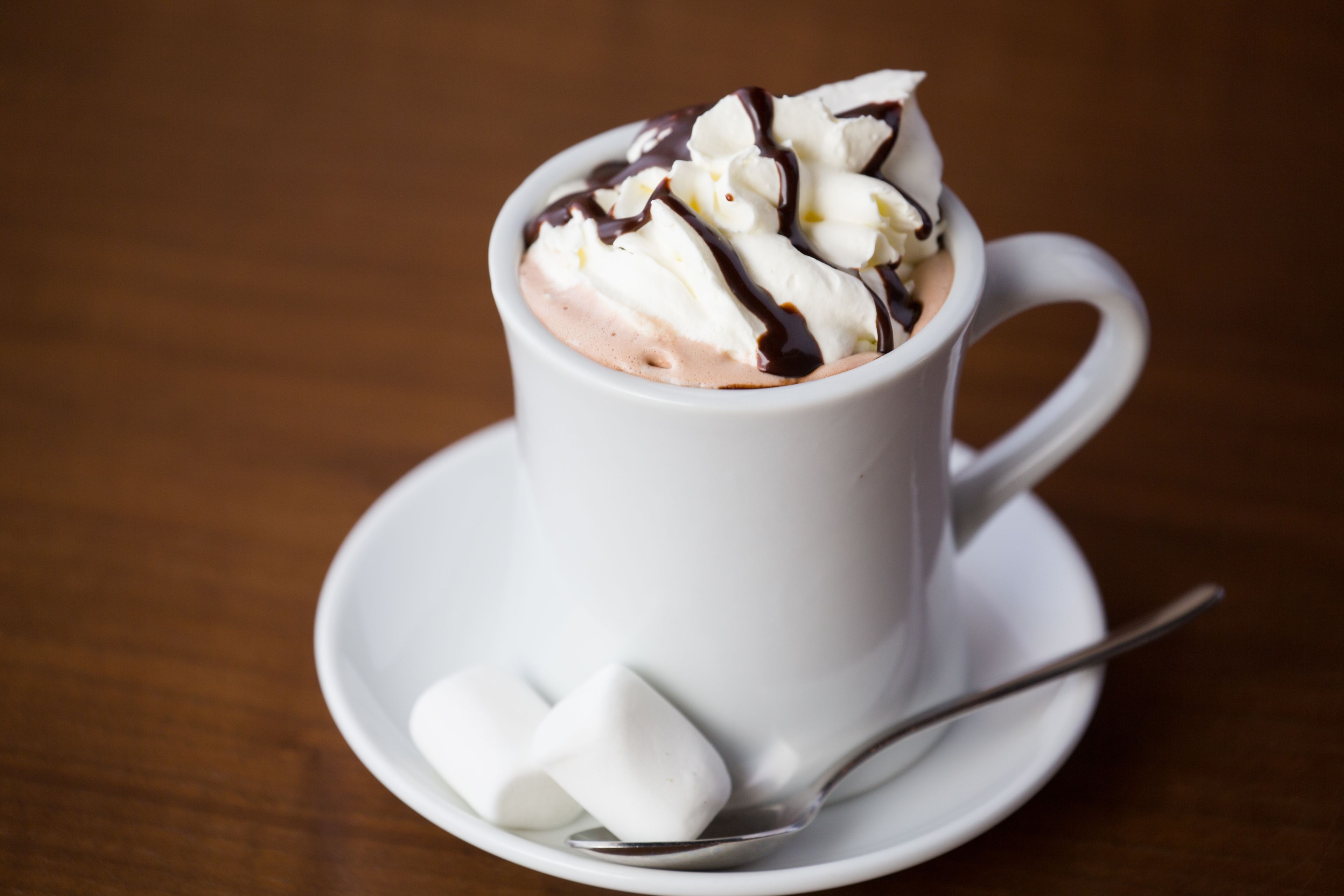 A cup of hot chocolate with whipped cream and chocolate drizzle on a saucer.