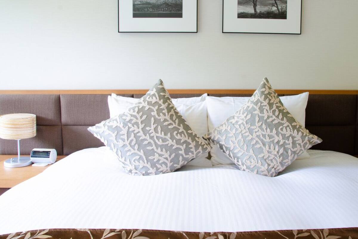 A neatly made bed with patterned pillows, a bedside table with a lamp, and two framed pictures on the wall.