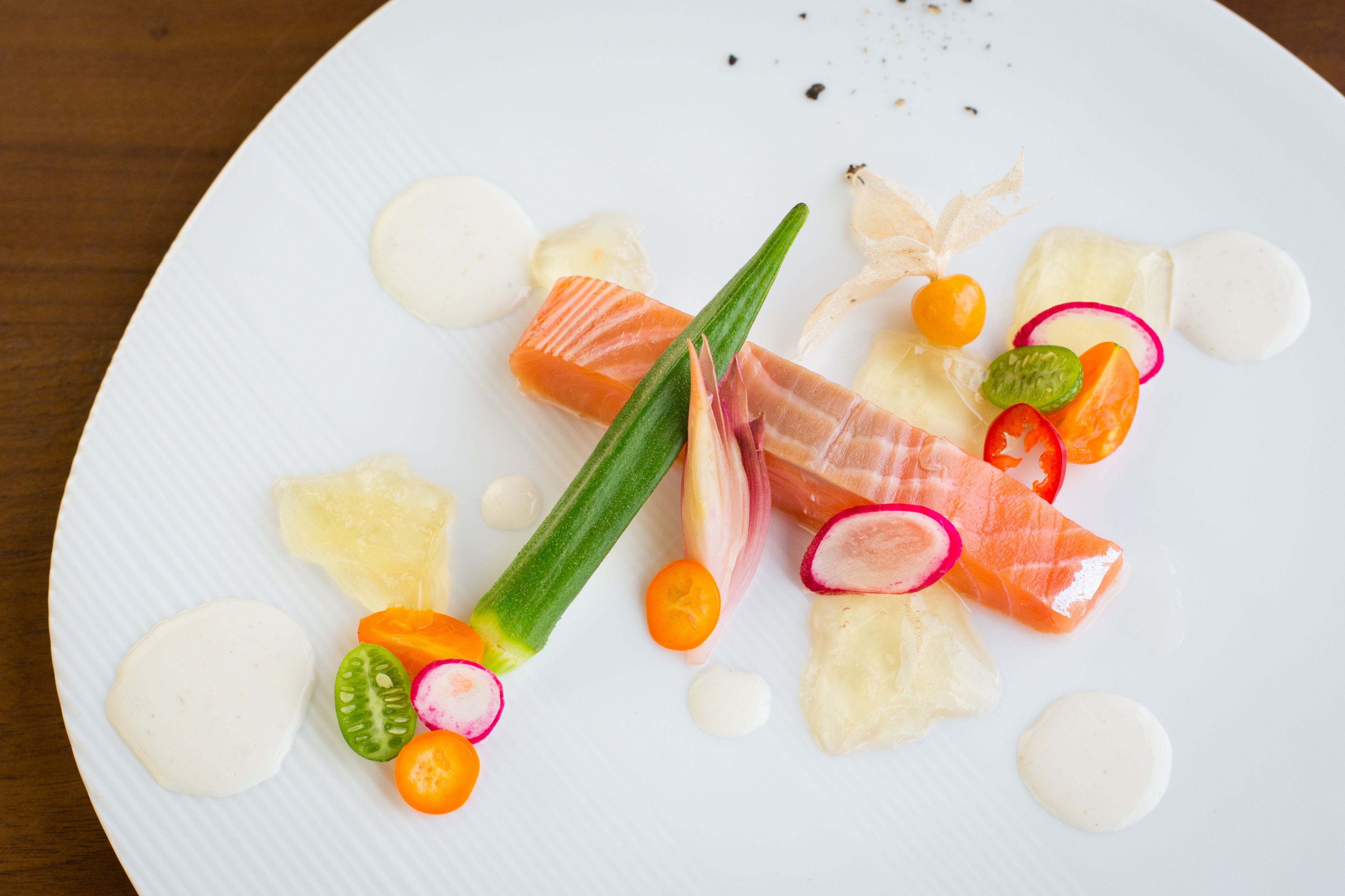 A white plate with various food items including salmon, radishes, and other vegetables.