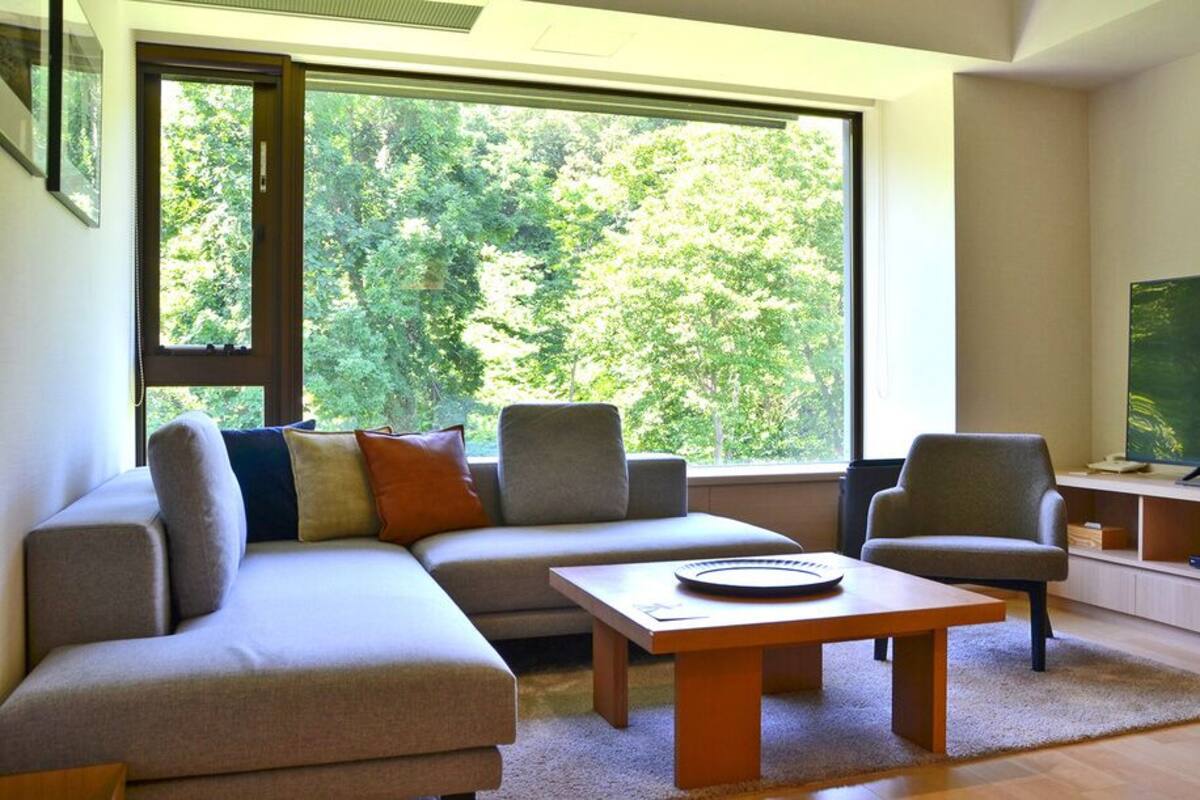 A modern living room with a sectional sofa, a coffee table, a TV, and a large window with a view of trees.