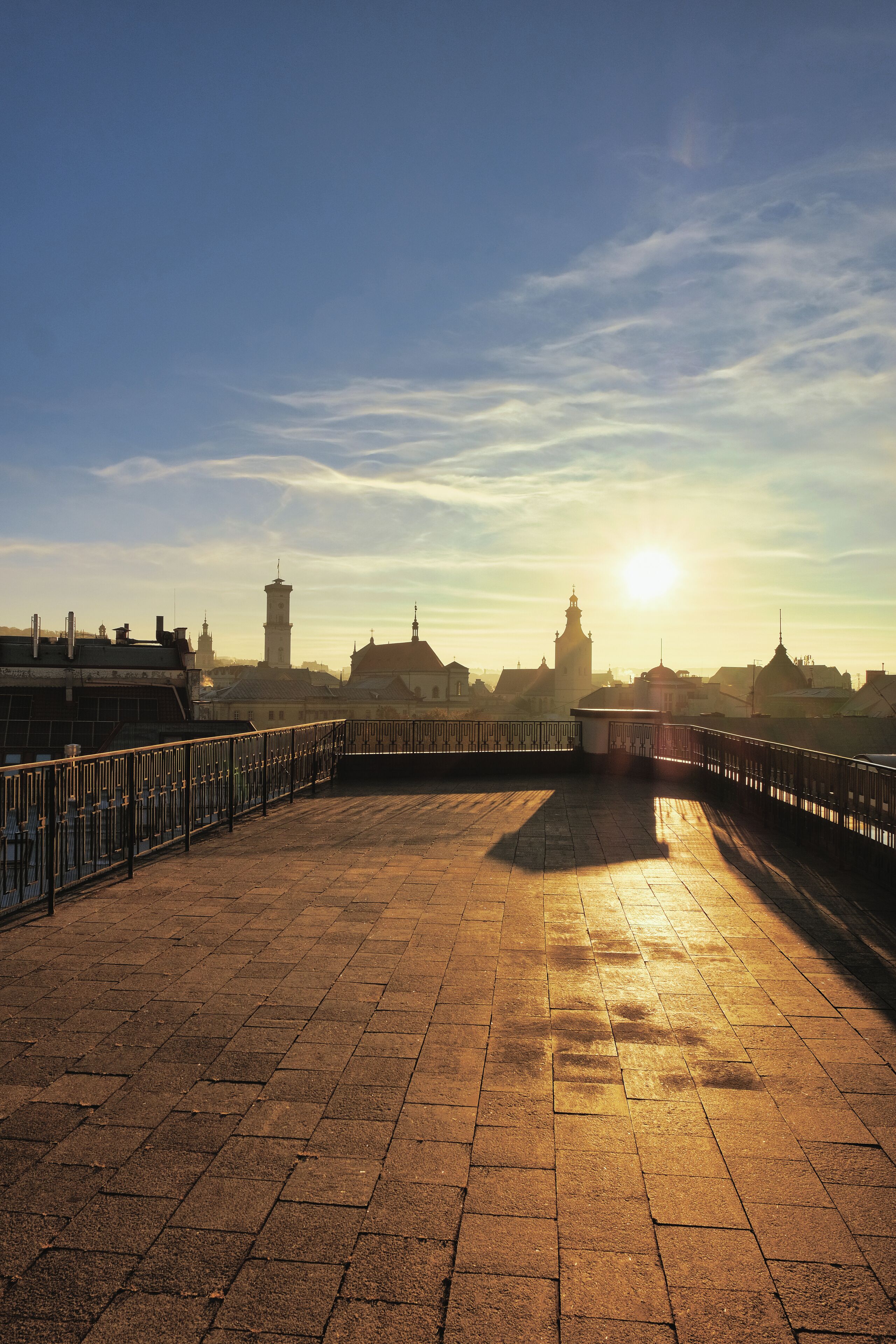 A paved walkway with a metal railing, leading to a view of distant buildings and a tower under a clear sky.