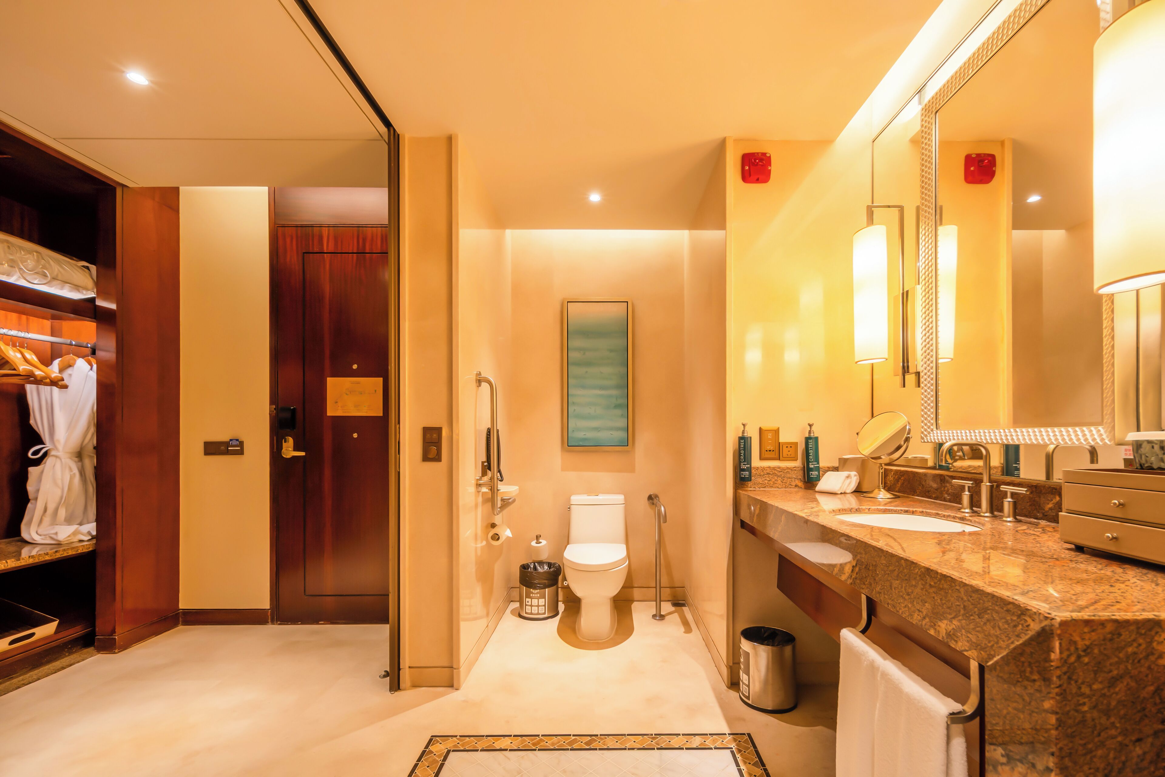 A modern bathroom with a marble countertop, a large mirror, a toilet, and a robe rack.