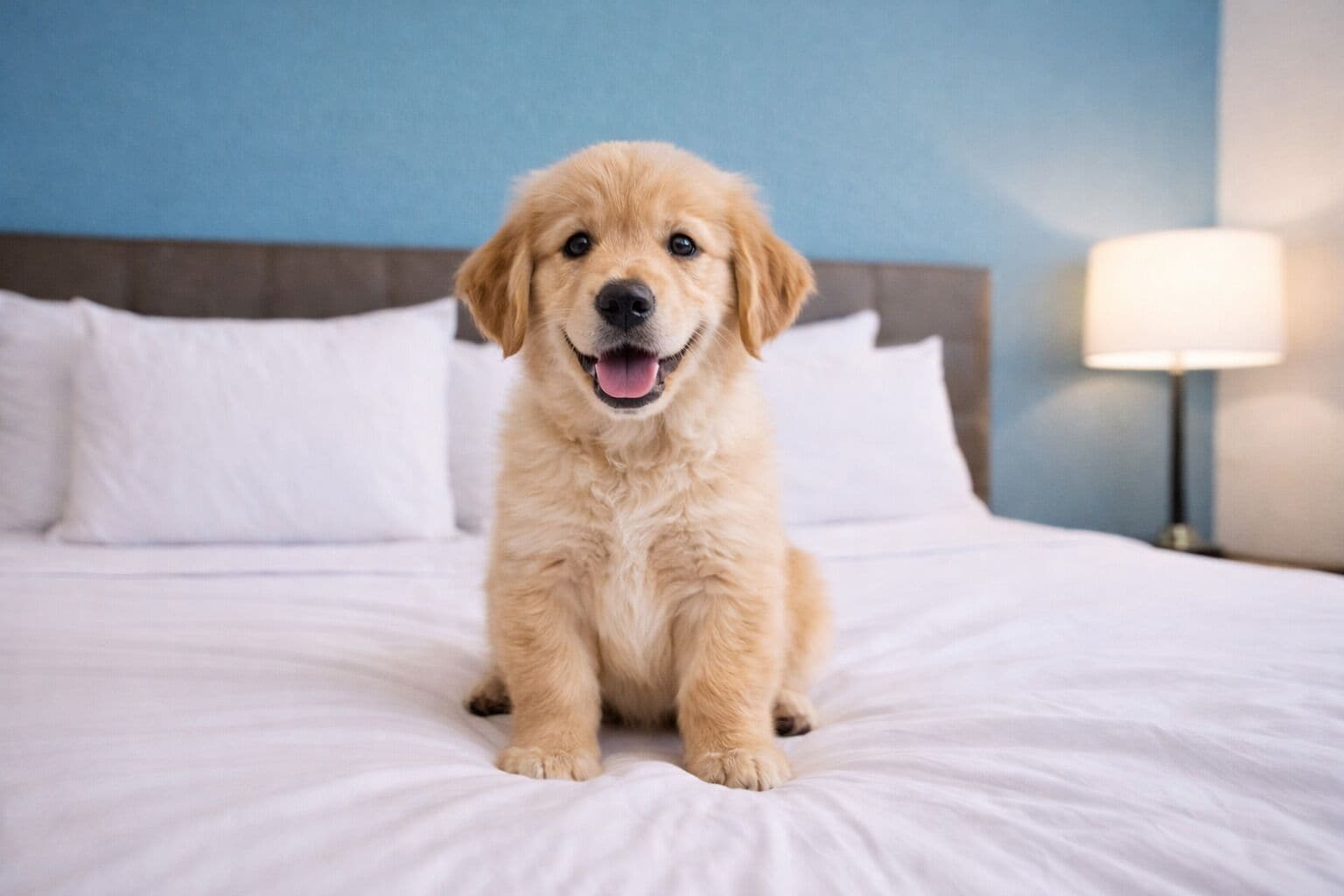 Un golden retriever est assis sur un lit recouvert d’une literie blanche, avec un mur bleu en arrière-plan.