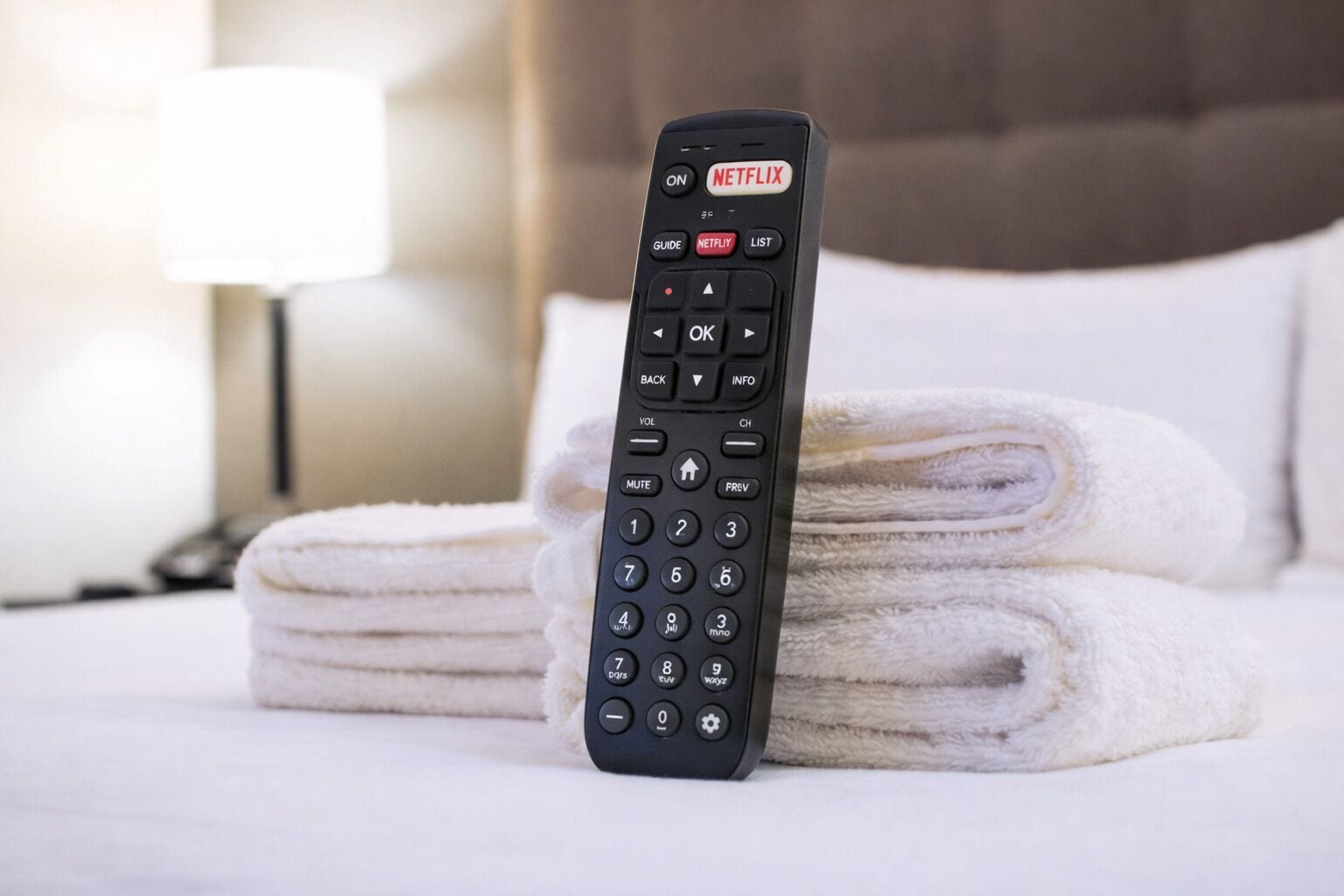Eine schwarze Fernbedienung mit Netflix-Taste auf einem Bett mit weißen Handtüchern.