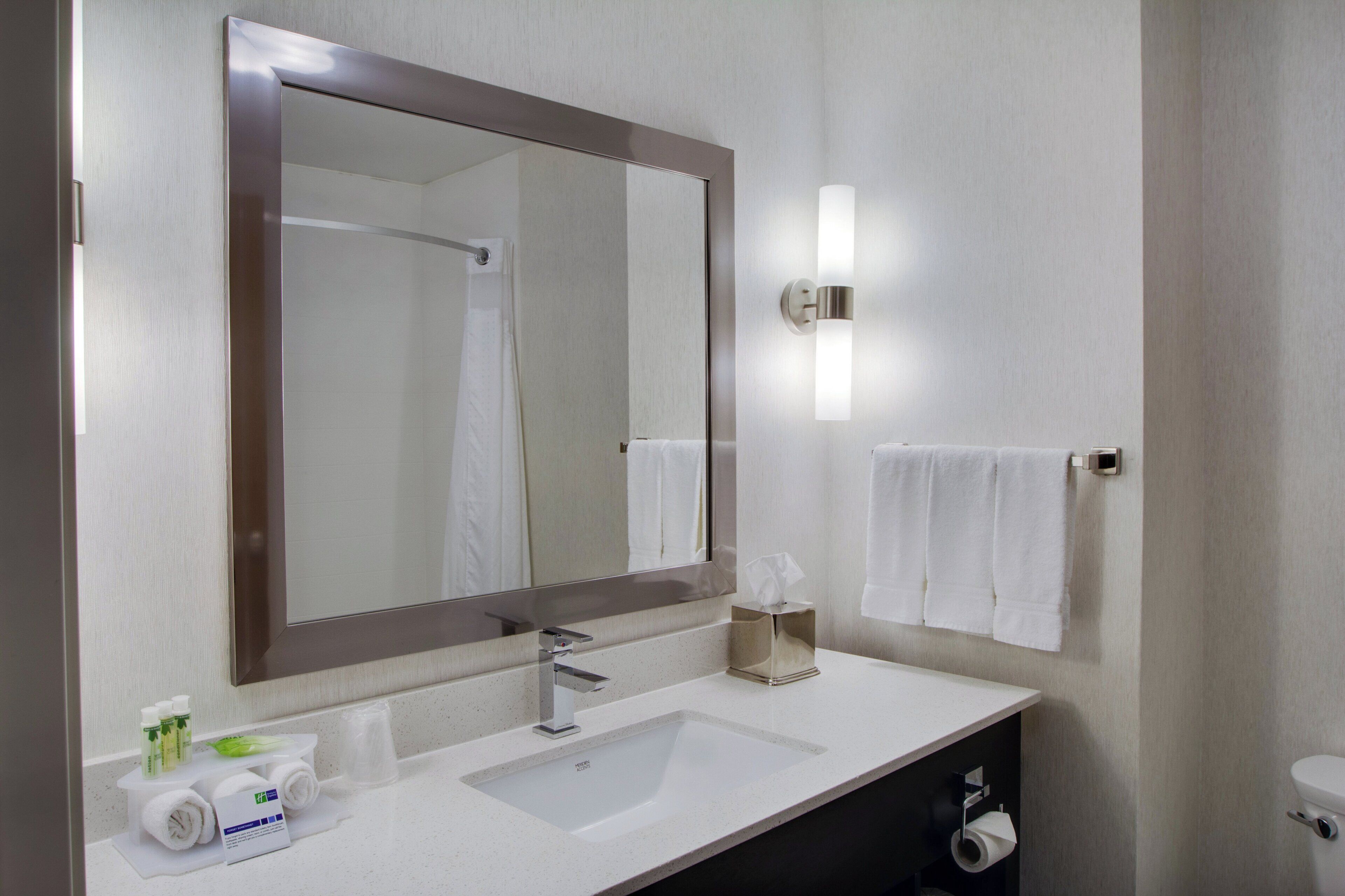 Un baño de hotel con un espejo grande, un lavabo, un perchero para toallas y un inodoro.