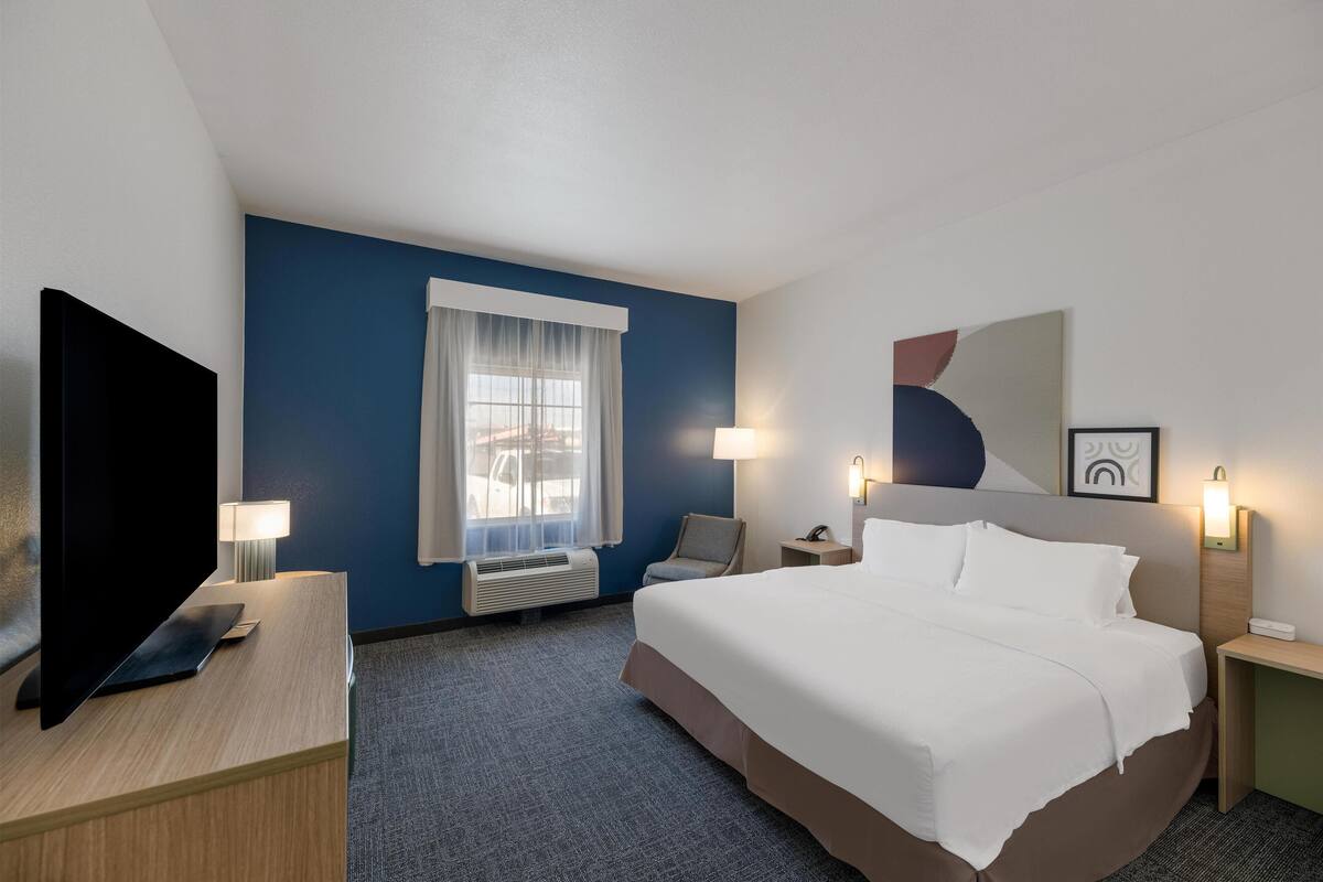 A hotel room with a large bed, a desk with a flat-screen TV, a chair, a nightstand, and a window with curtains.